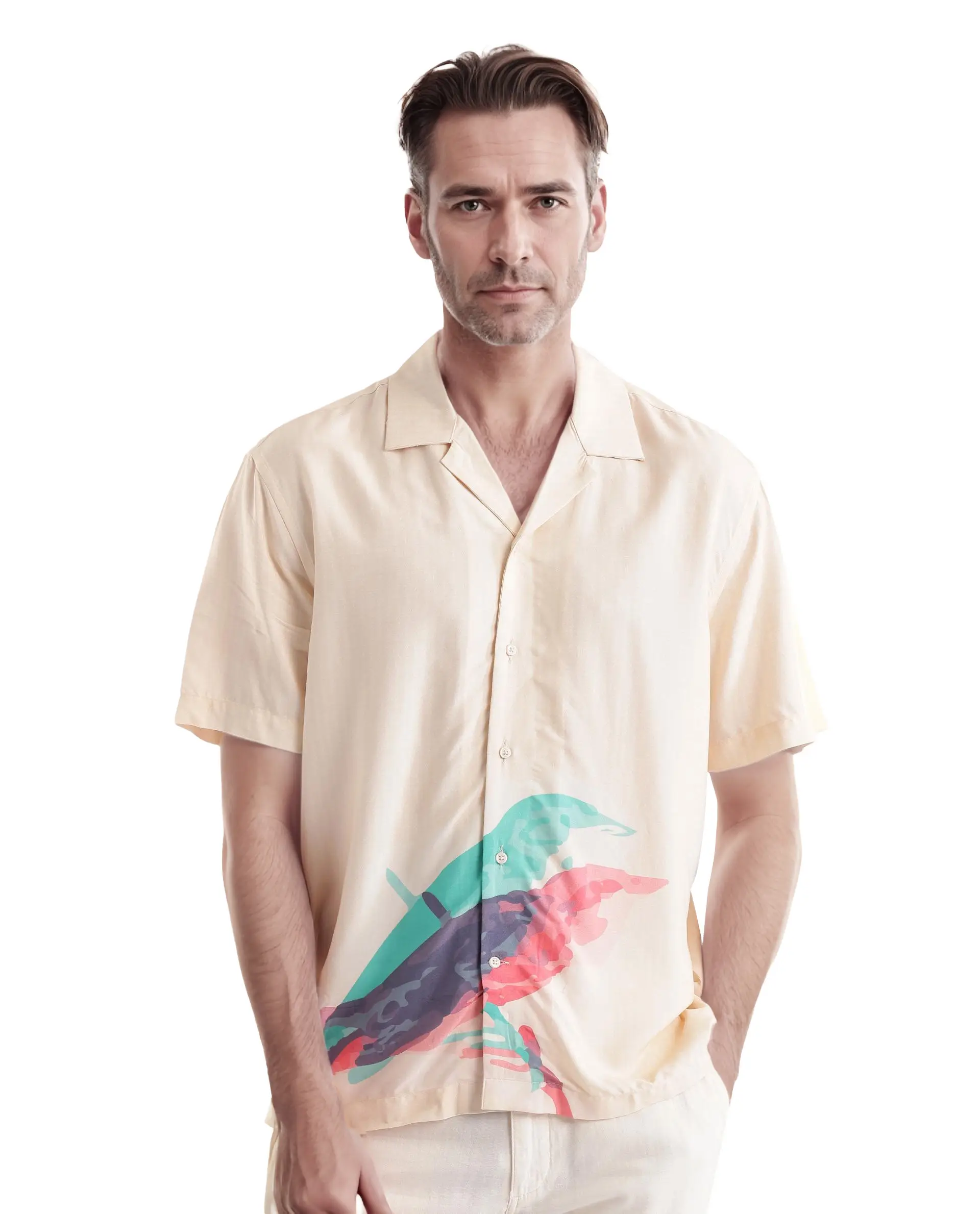 Rare Rabbit Men's Som Light Yellow Cotton Animal Print Boxy Fit Half Sleeve Cuban Collar Shirt
