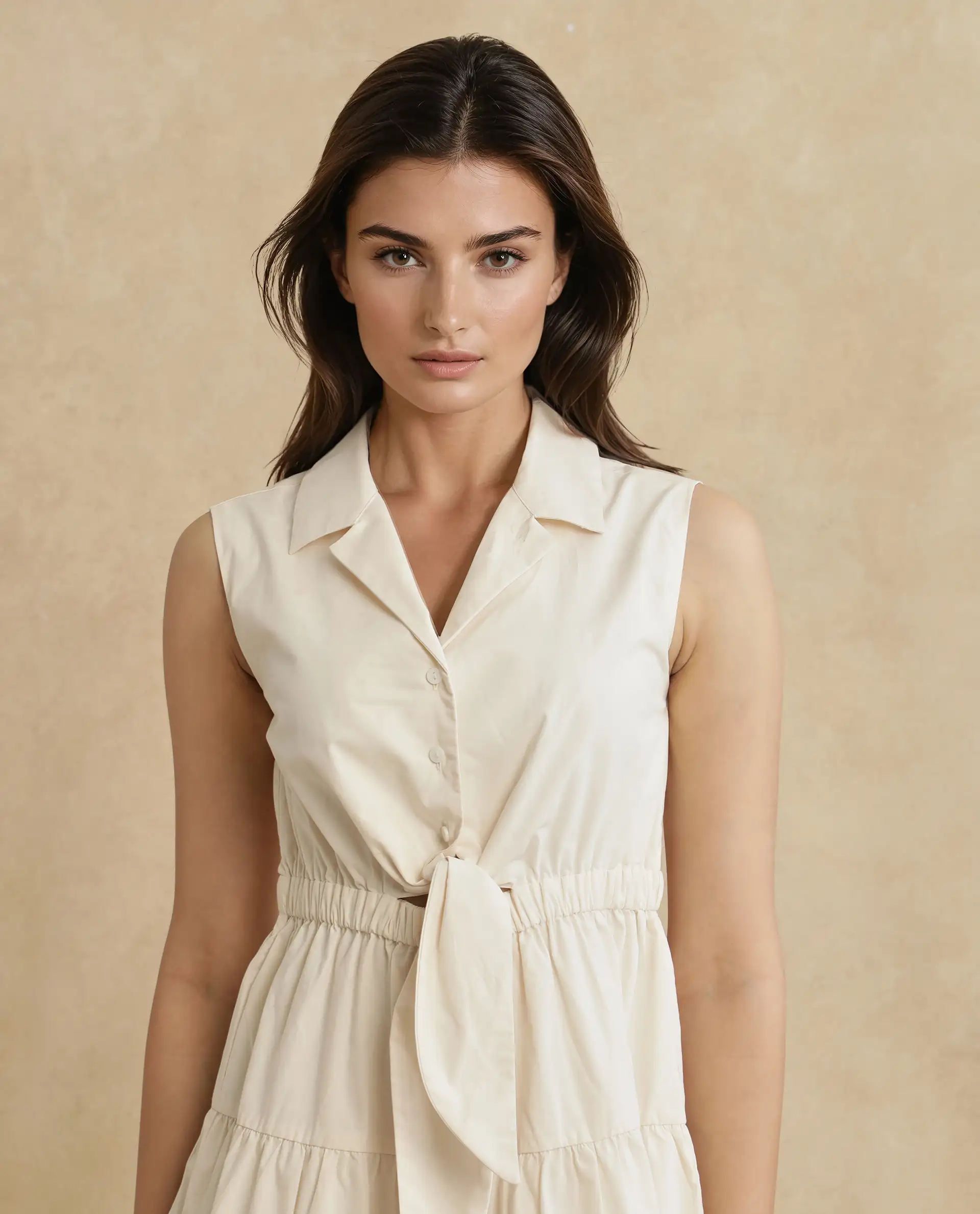 Rareism Women's Somaka Beige Cotton Lapel Neck Plain Sleeveless Mini Fit And Flare Dress - Image 4