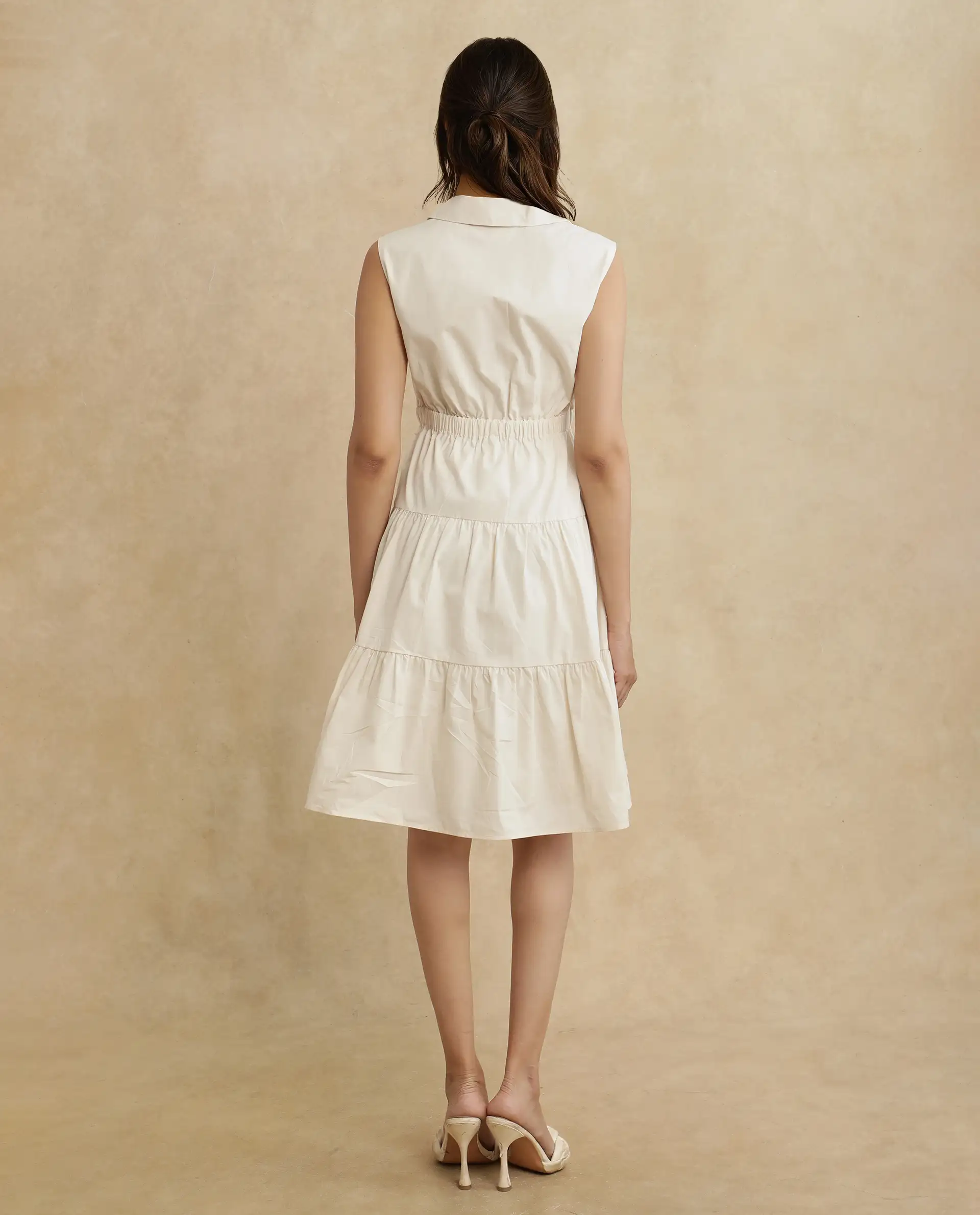Rareism Women's Somaka Beige Cotton Lapel Neck Plain Sleeveless Mini Fit And Flare Dress - Image 8