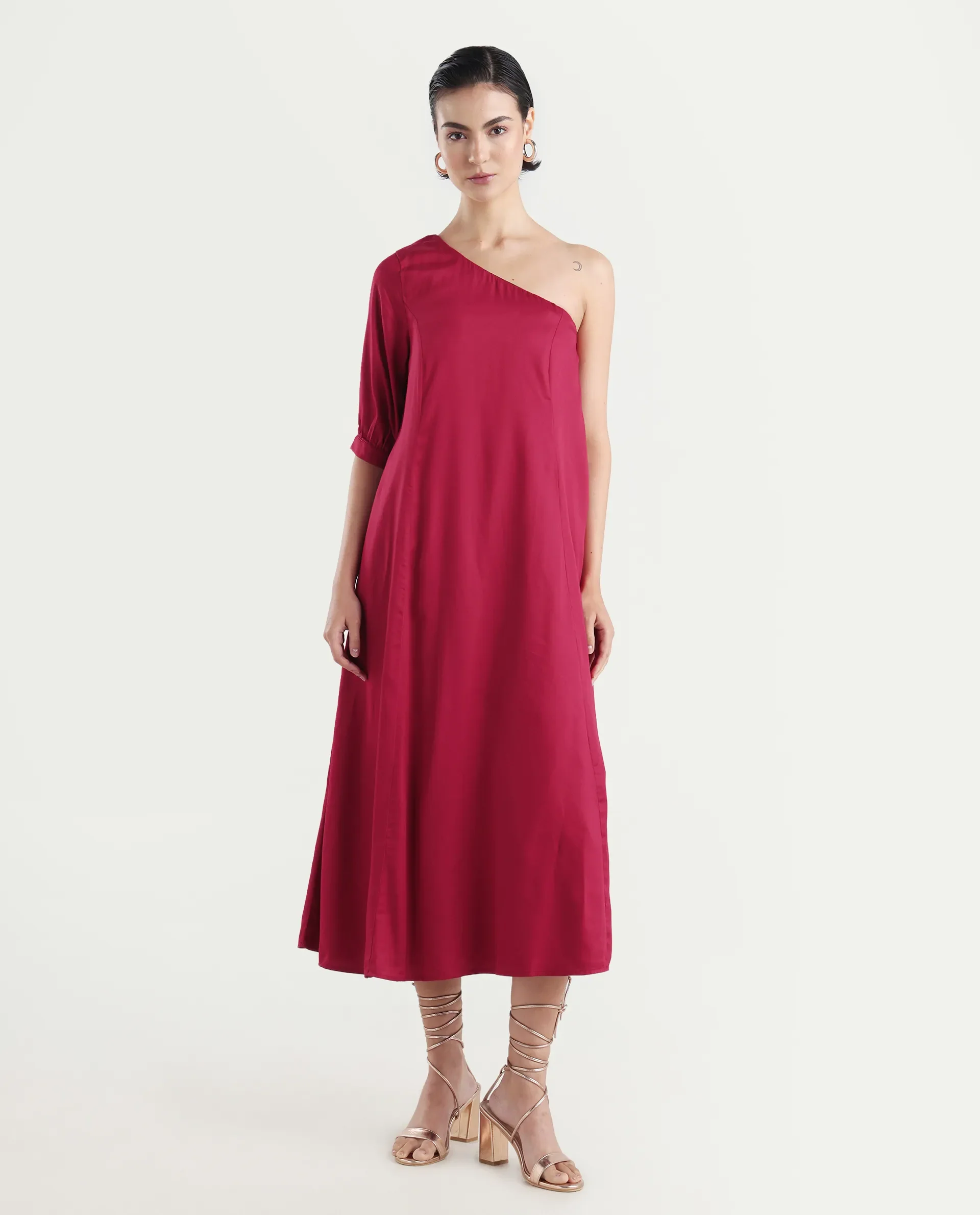 Rareism Women's Somalia Red Viscose One Shoulder Plain One Shoulder Maxi A-Line Dress - Image 2