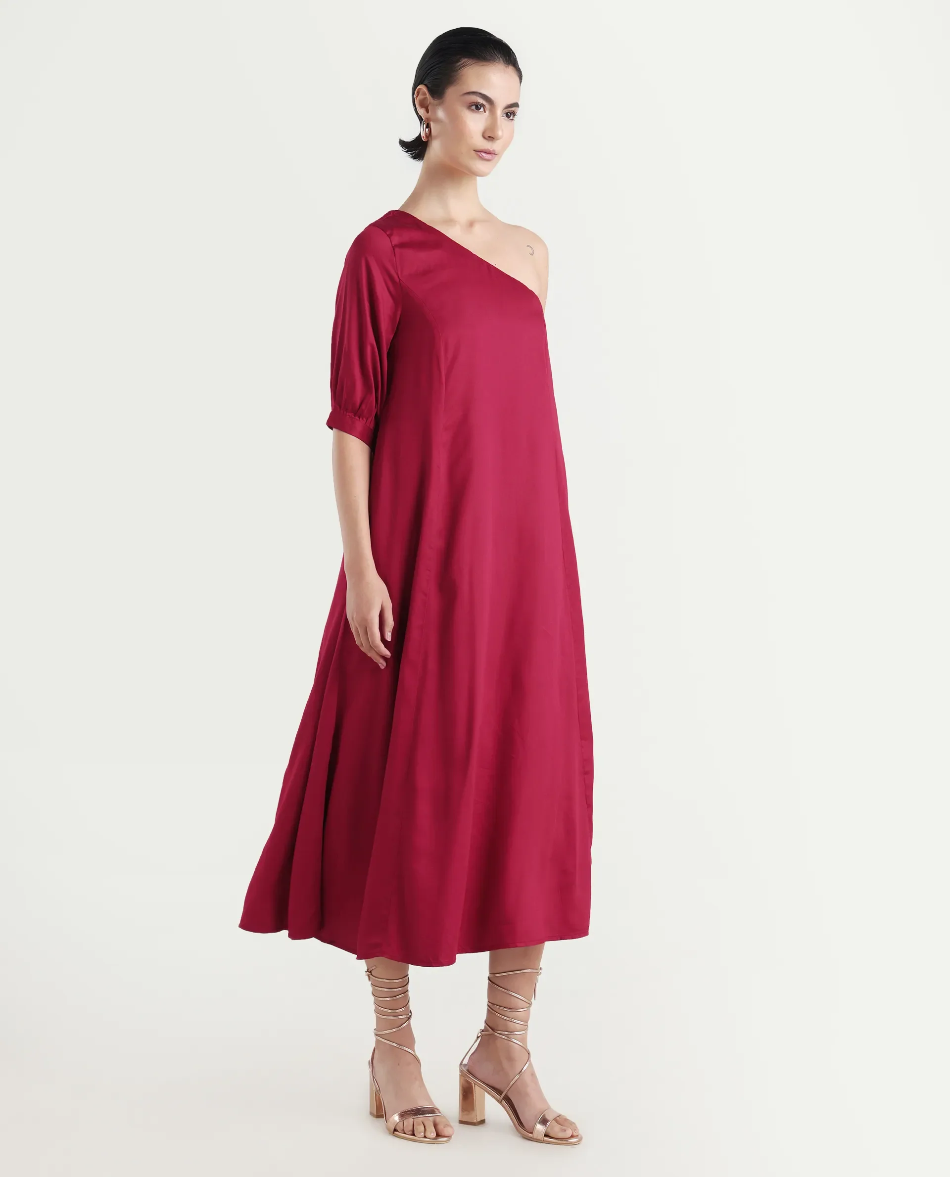 Rareism Women's Somalia Red Viscose One Shoulder Plain One Shoulder Maxi A-Line Dress - Image 6