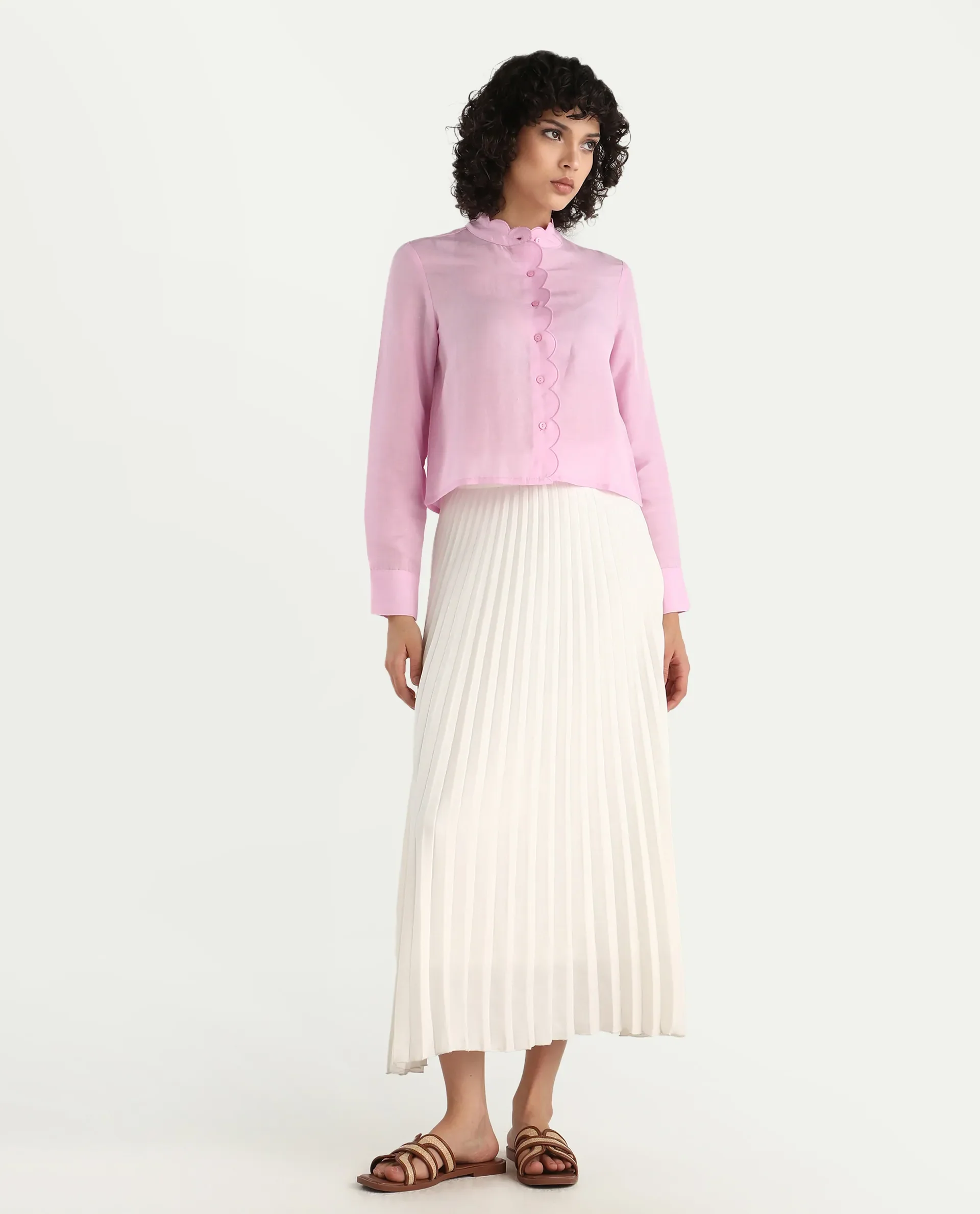 Rareism Women's Soman Light Pink Modal Blend Mandarin Collar Plain Cuffed Sleeve Crop Regular Fit Shirt - Image 2