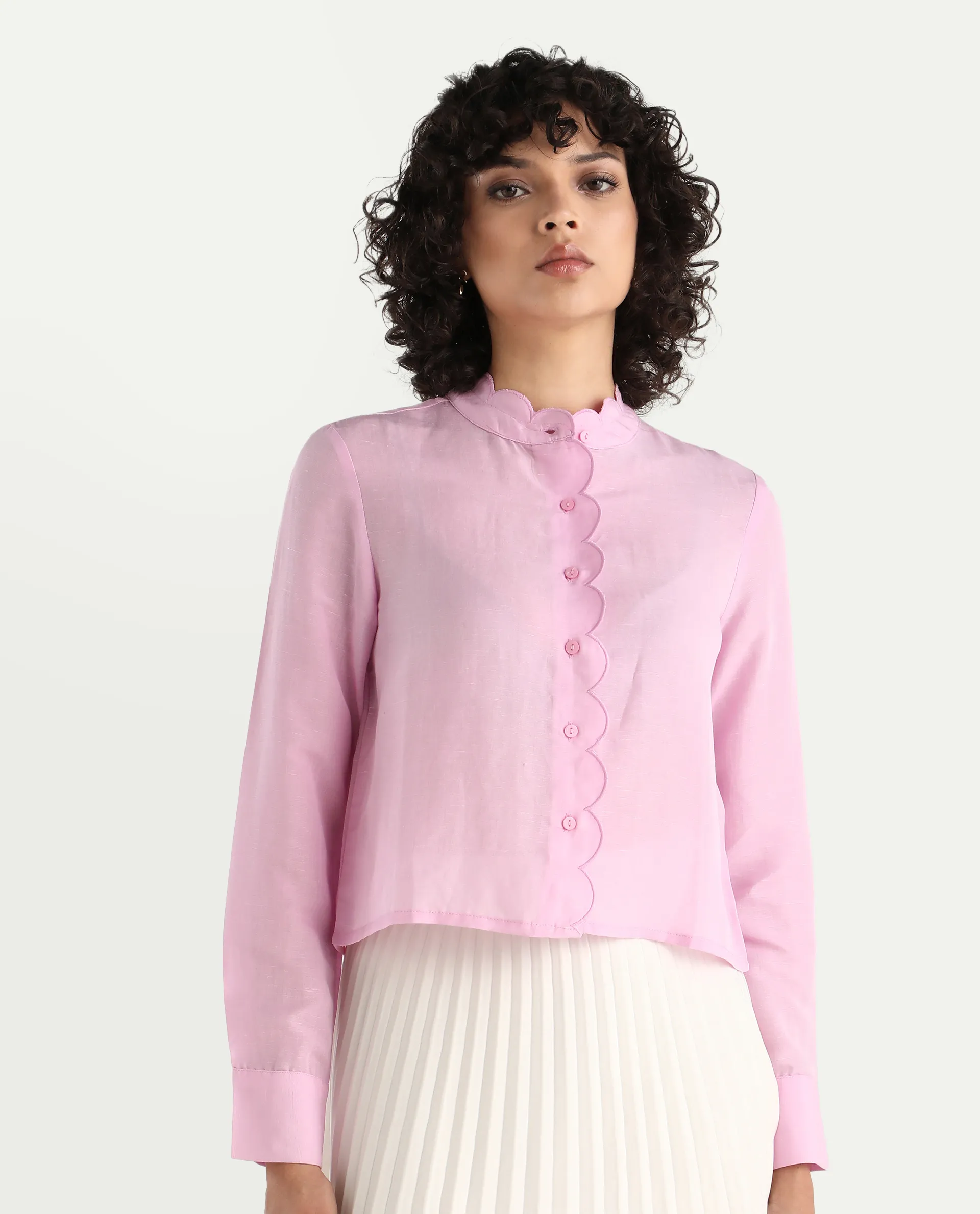 Rareism Women's Soman Light Pink Modal Blend Mandarin Collar Plain Cuffed Sleeve Crop Regular Fit Shirt - Image 3