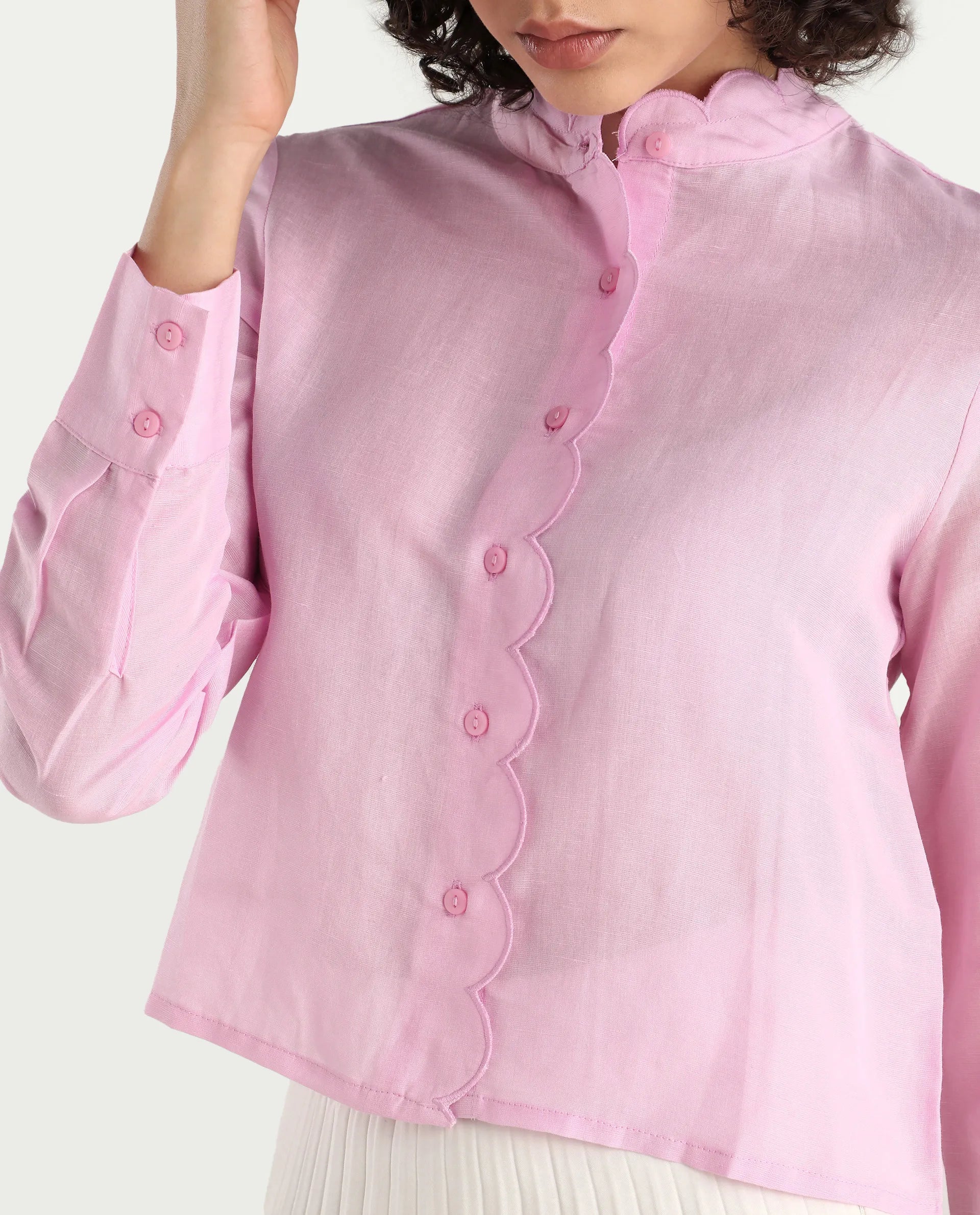 Rareism Women's Soman Light Pink Modal Blend Mandarin Collar Plain Cuffed Sleeve Crop Regular Fit Shirt - Image 4