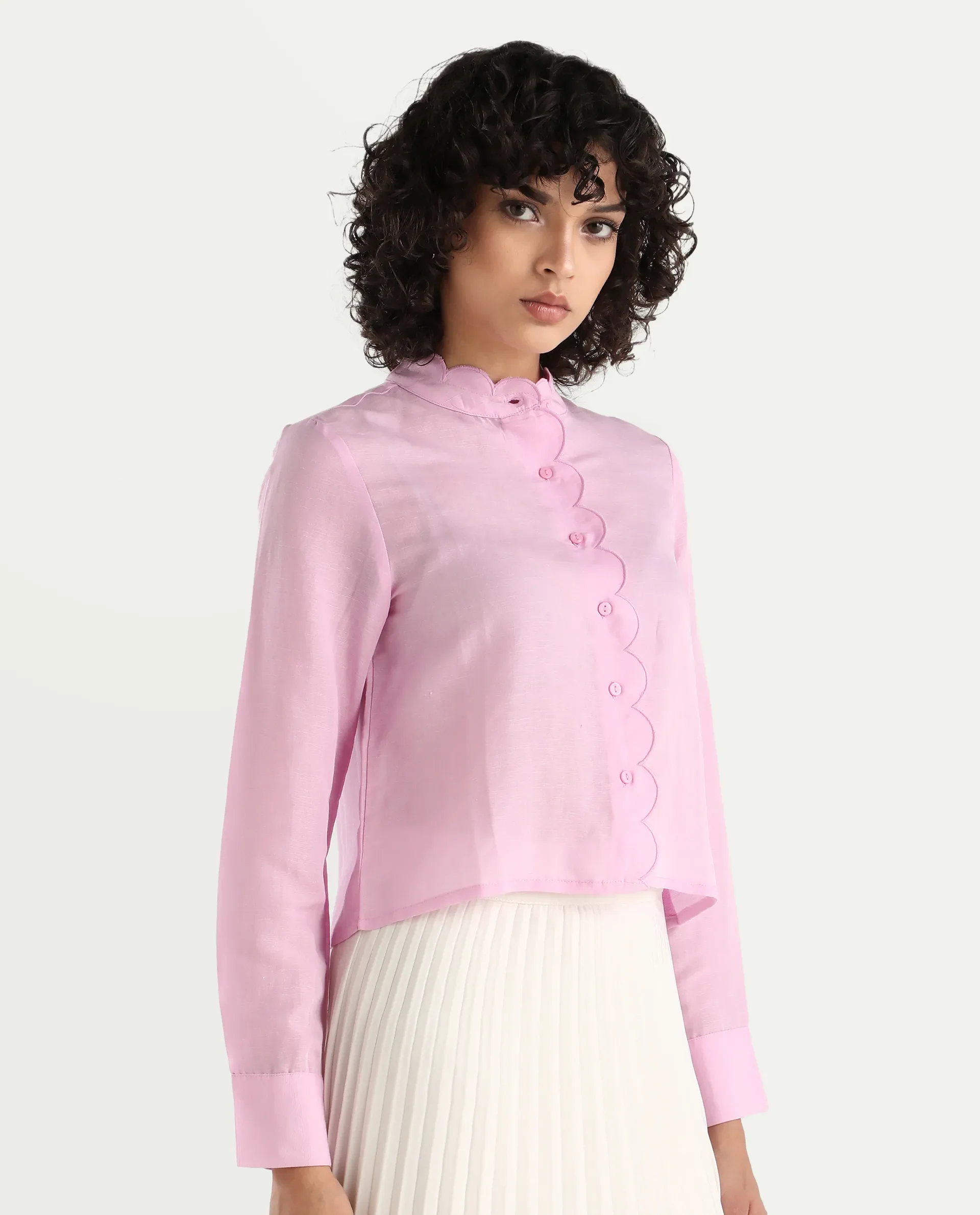Rareism Women's Soman Light Pink Modal Blend Mandarin Collar Plain Cuffed Sleeve Crop Regular Fit Shirt - Image 5