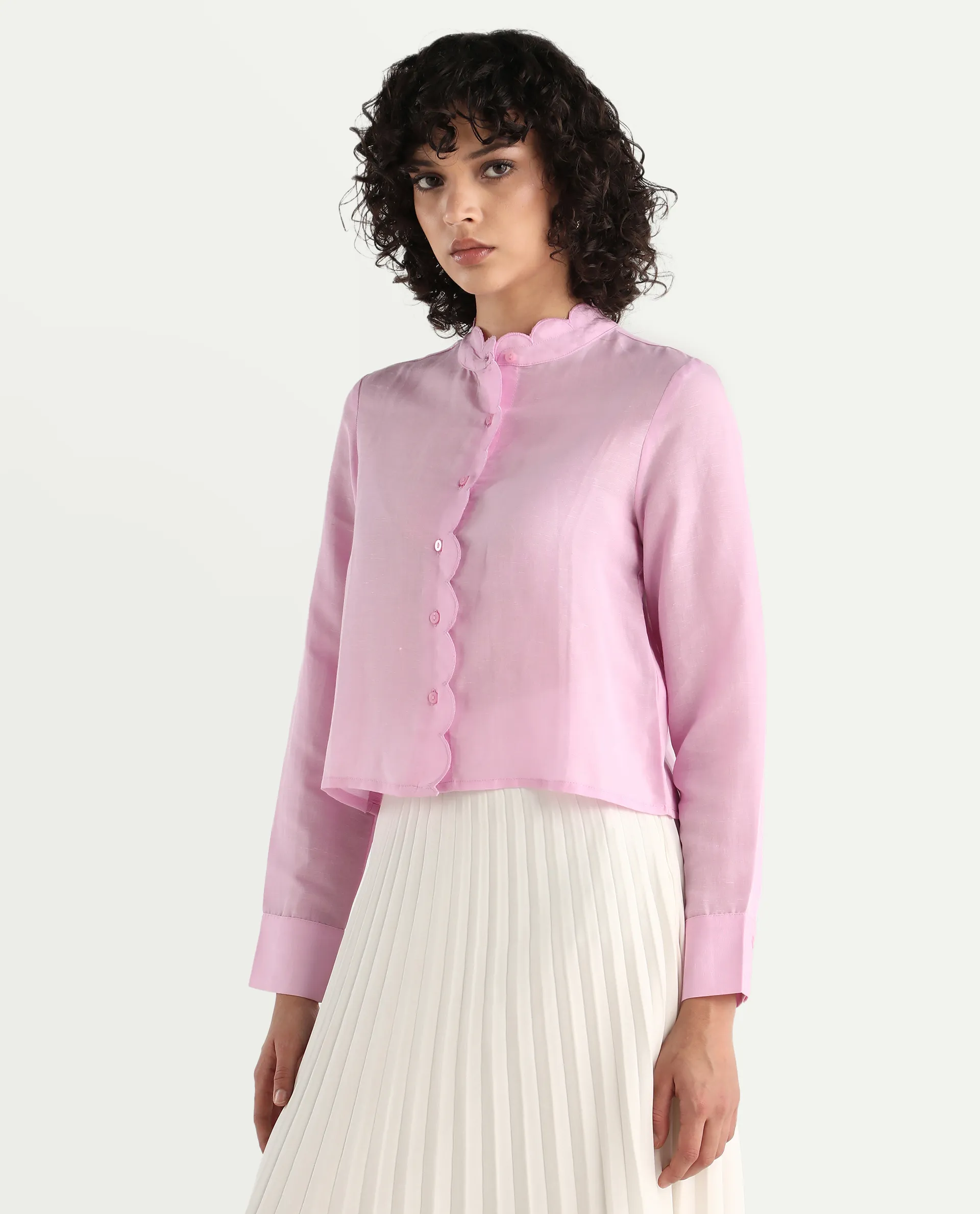 Rareism Women's Soman Light Pink Modal Blend Mandarin Collar Plain Cuffed Sleeve Crop Regular Fit Shirt - Image 6