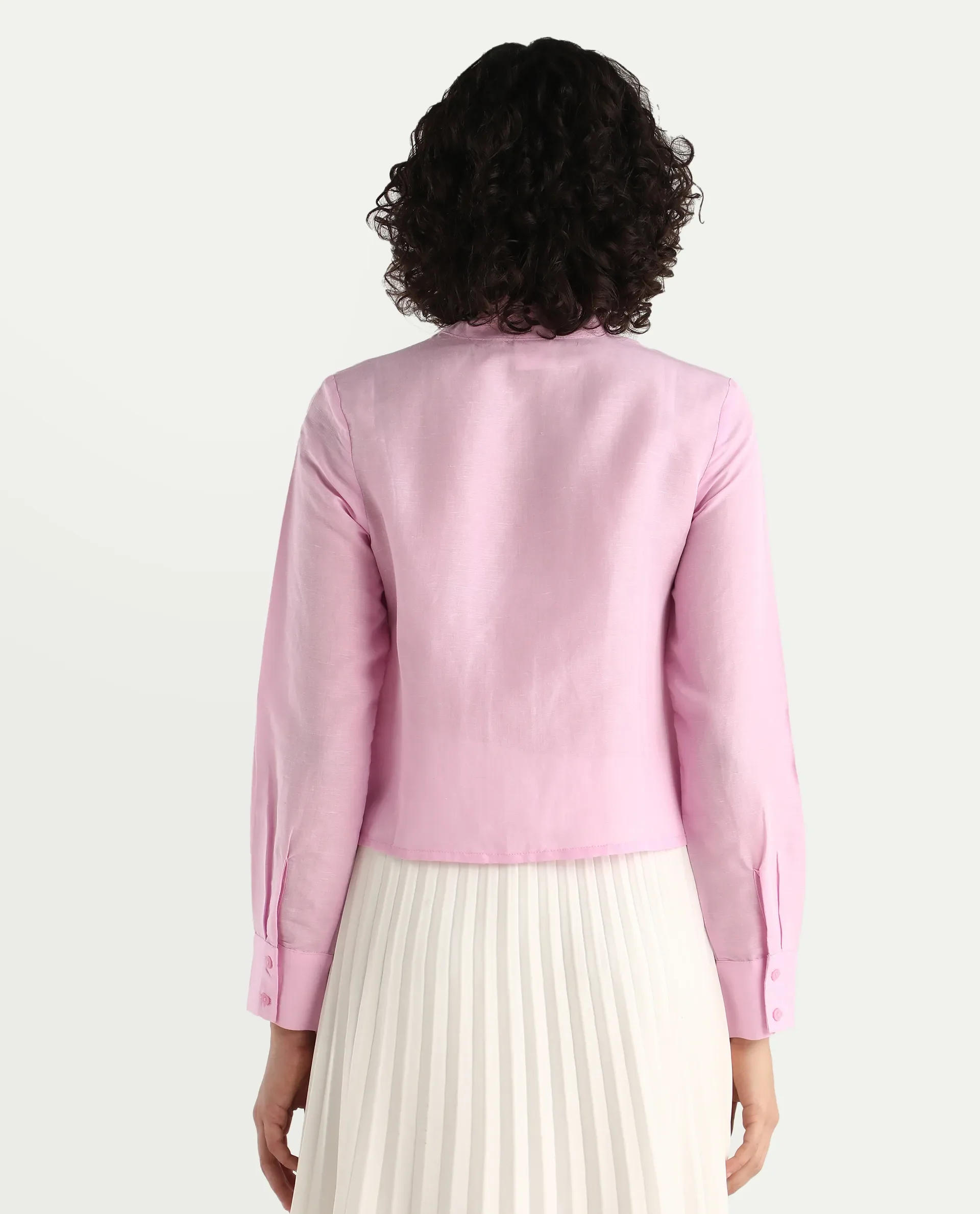 Rareism Women's Soman Light Pink Modal Blend Mandarin Collar Plain Cuffed Sleeve Crop Regular Fit Shirt - Image 7