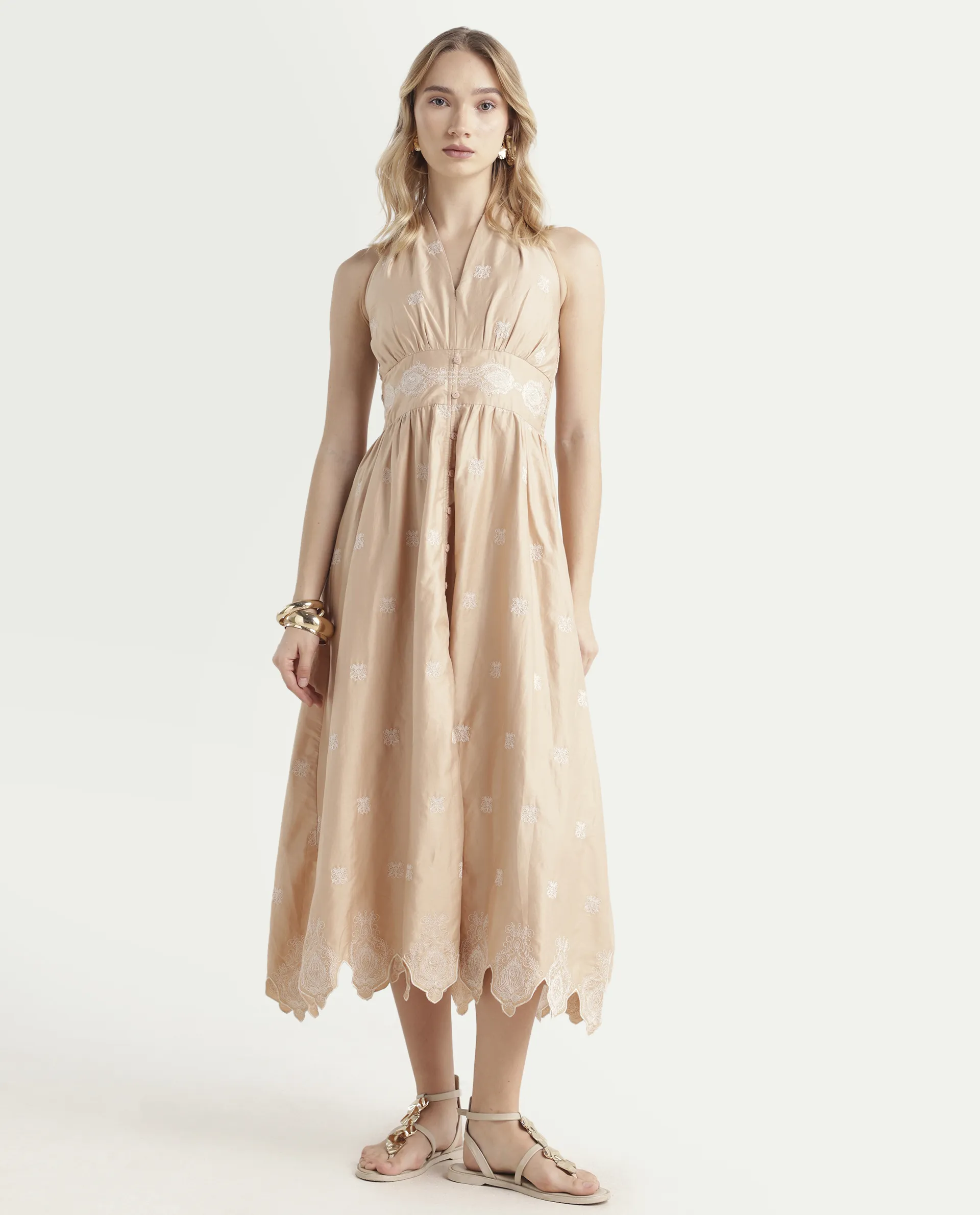 Rareism Women's Somaxa Beige Cotton Halter Neck Plain Sleeveless Midi A-Line Dress - Image 2