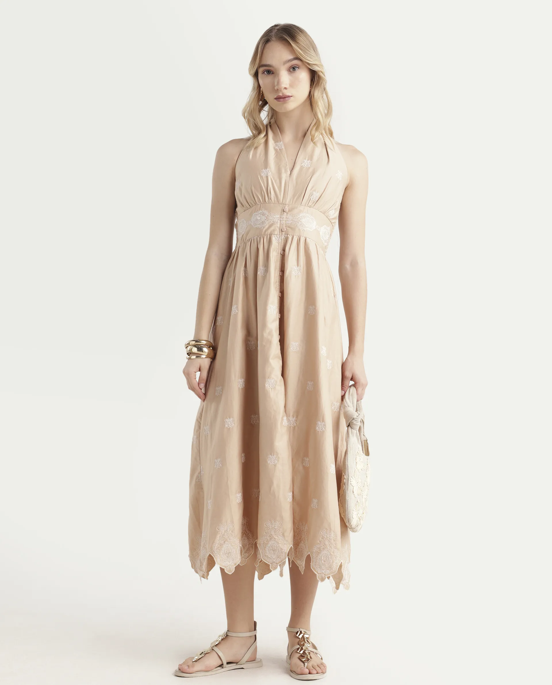 Rareism Women's Somaxa Beige Cotton Halter Neck Plain Sleeveless Midi A-Line Dress - Image 3