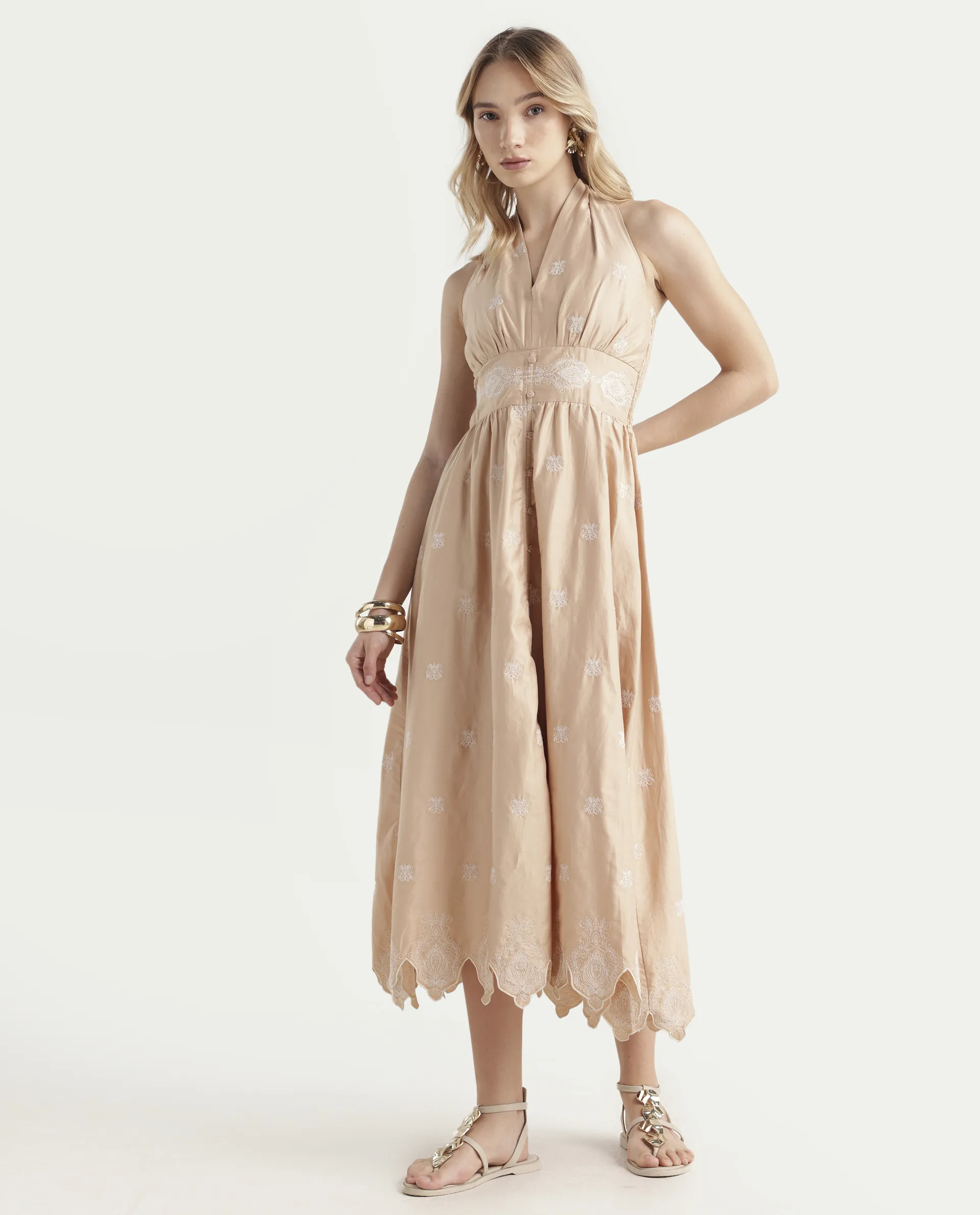 Rareism Women's Somaxa Beige Cotton Halter Neck Plain Sleeveless Midi A-Line Dress - Image 5