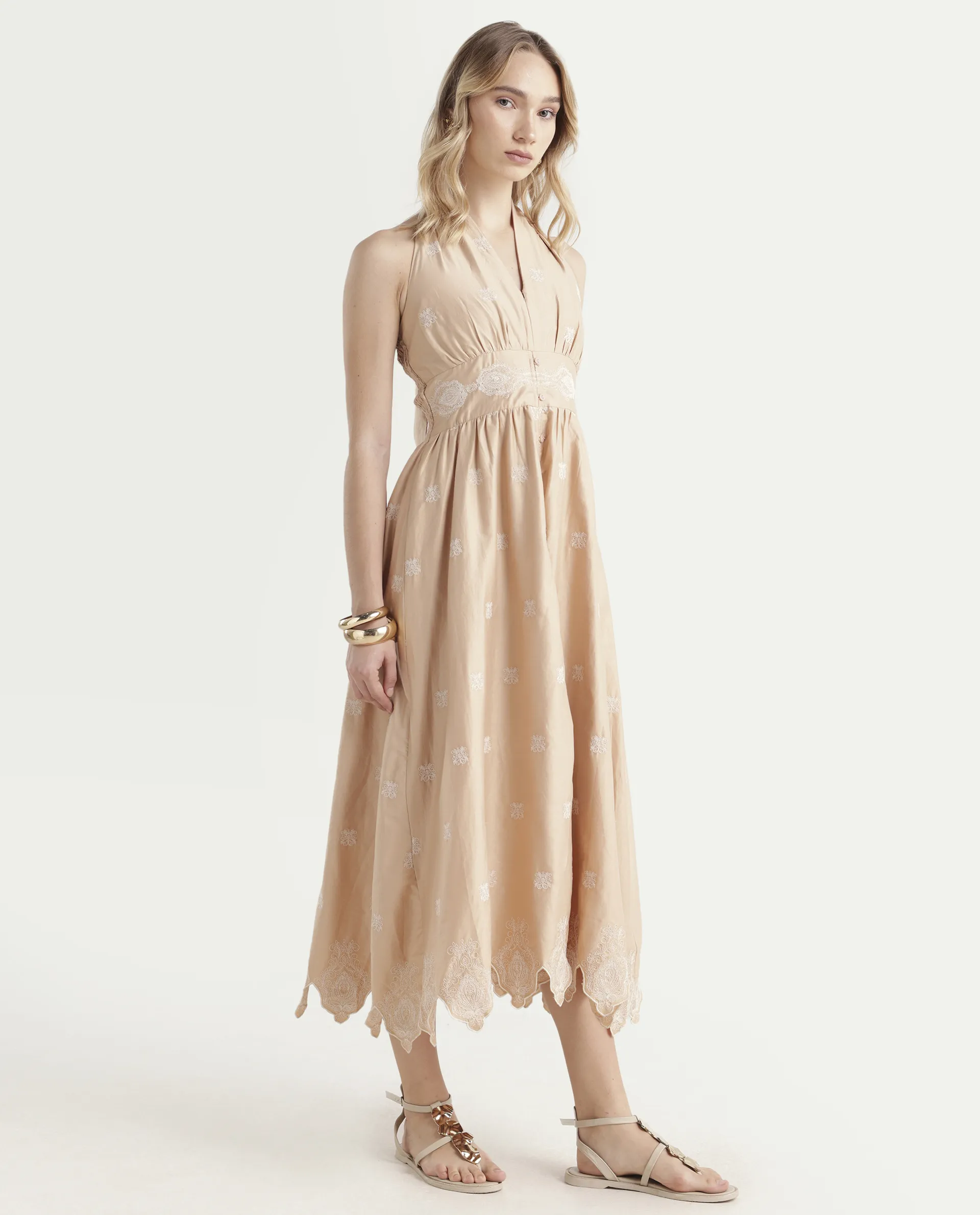 Rareism Women's Somaxa Beige Cotton Halter Neck Plain Sleeveless Midi A-Line Dress - Image 6