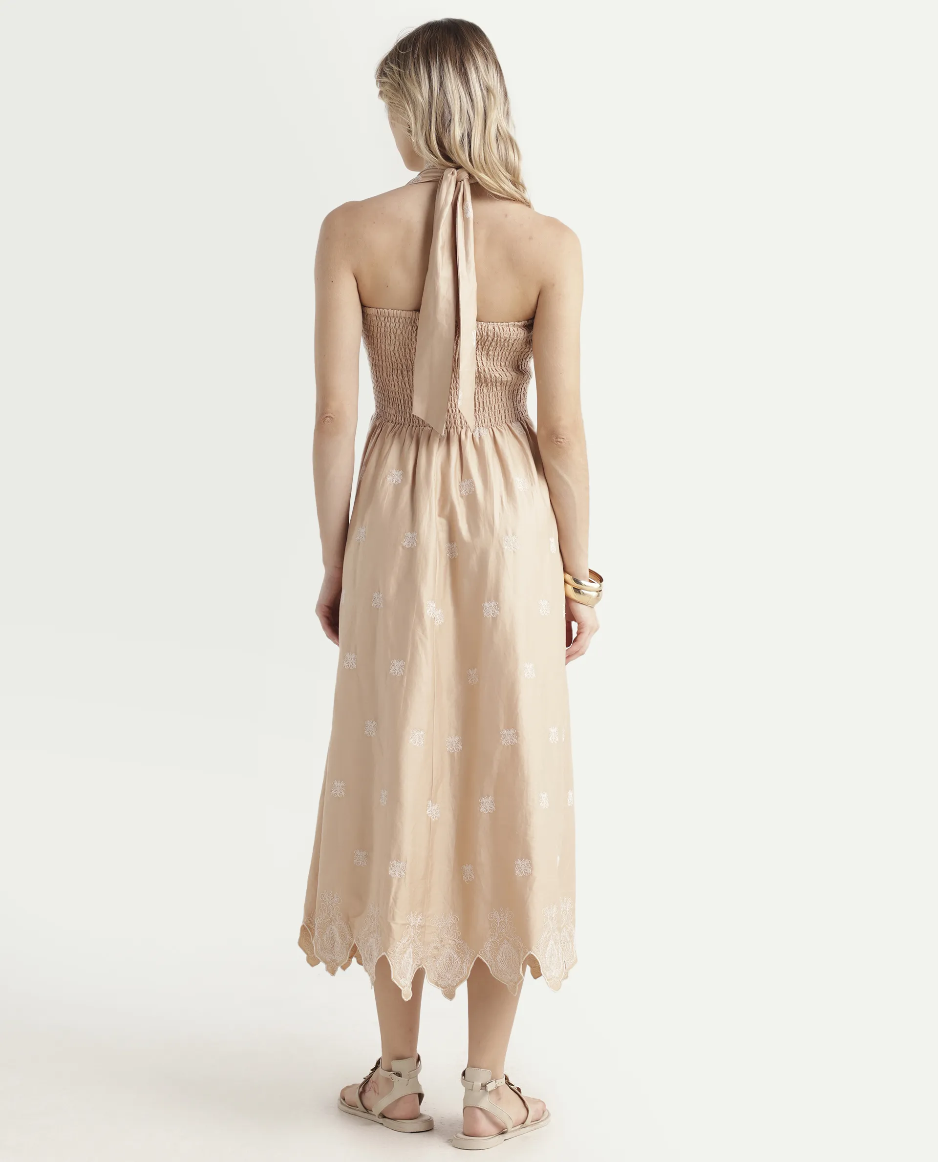 Rareism Women's Somaxa Beige Cotton Halter Neck Plain Sleeveless Midi A-Line Dress - Image 7