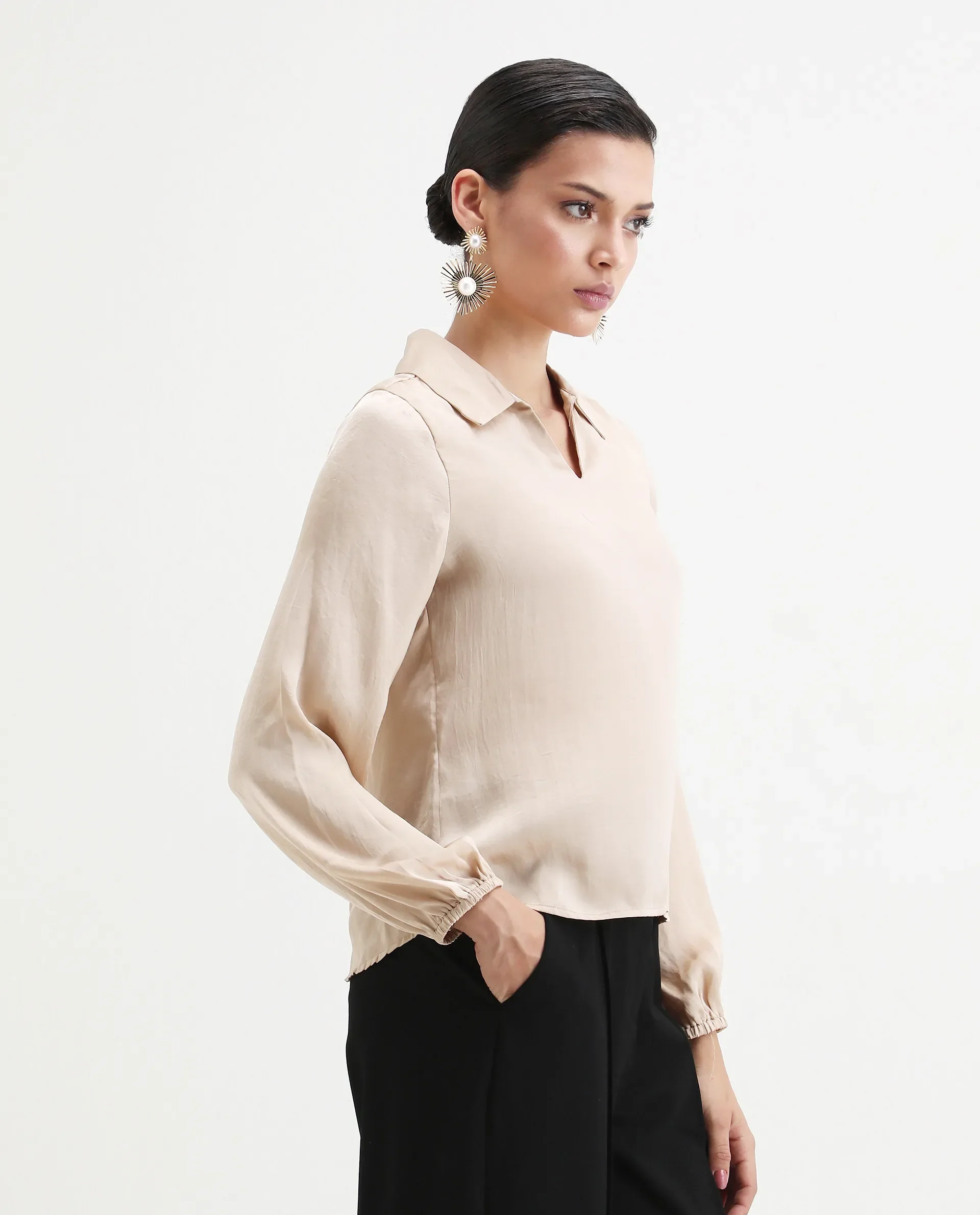 Rareism Women's Somaxar Beige Polyester V-Neck Plain Bishop Sleeve Regular Fit Top - Image 4