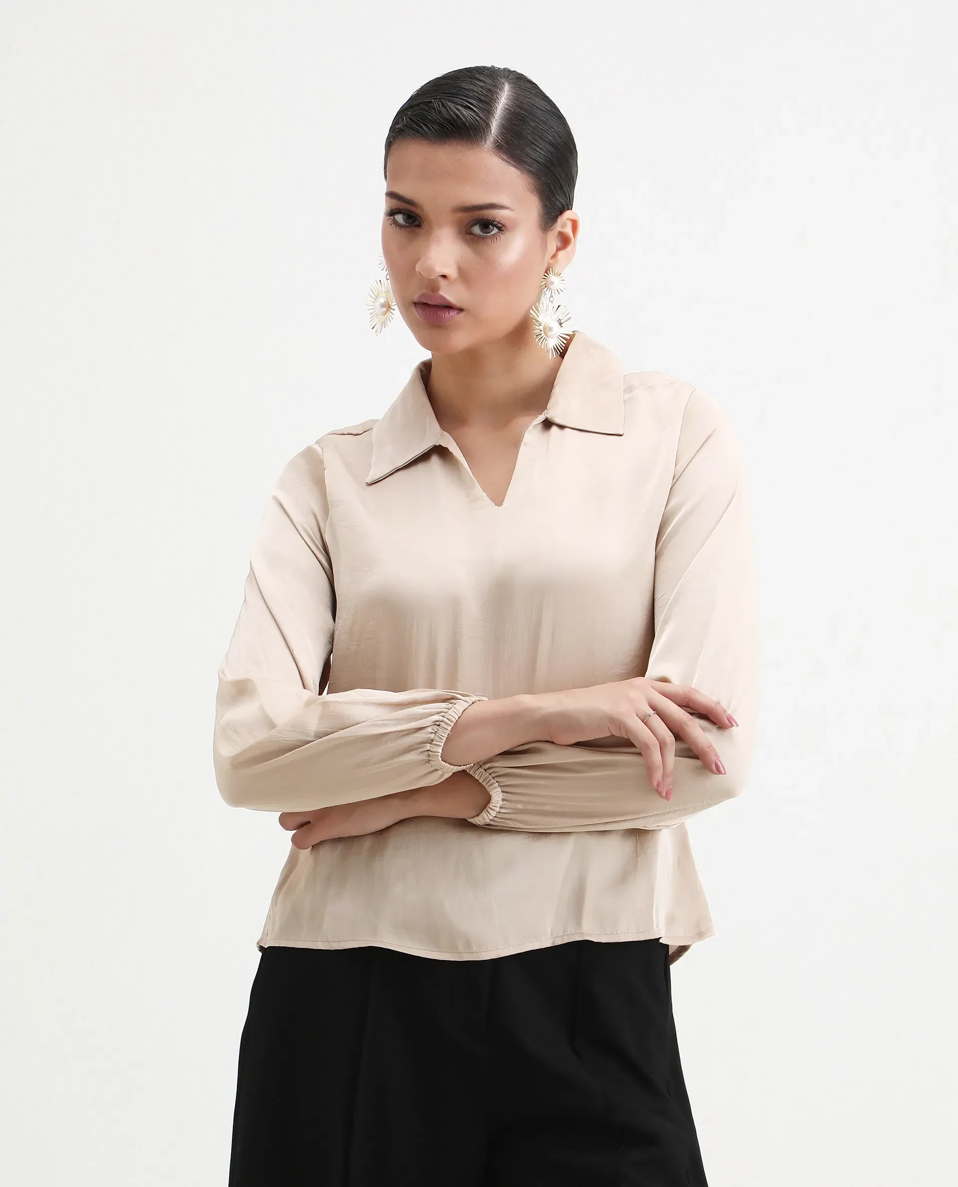 Rareism Women's Somaxar Beige Polyester V-Neck Plain Bishop Sleeve Regular Fit Top - Image 5