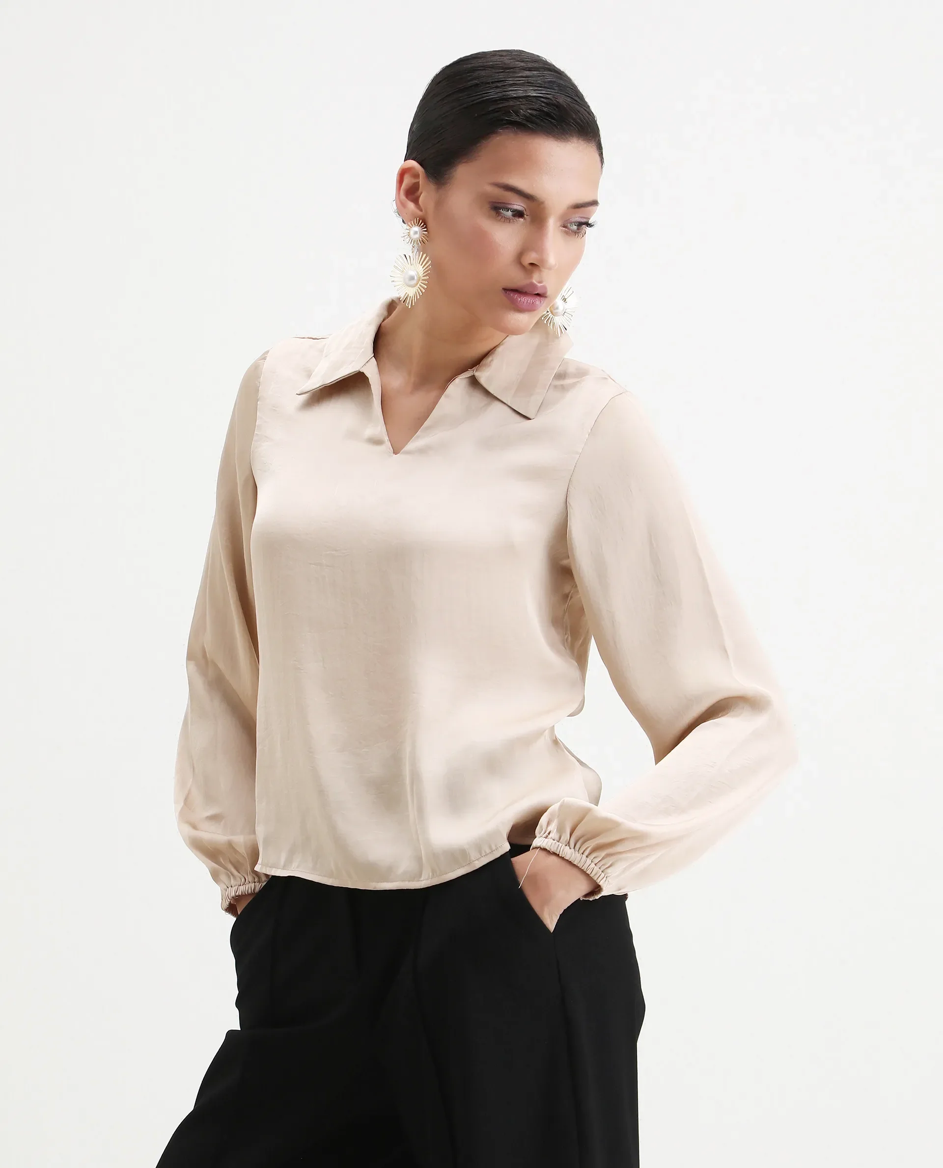 Rareism Women's Somaxar Beige Polyester V-Neck Plain Bishop Sleeve Regular Fit Top - Image 6