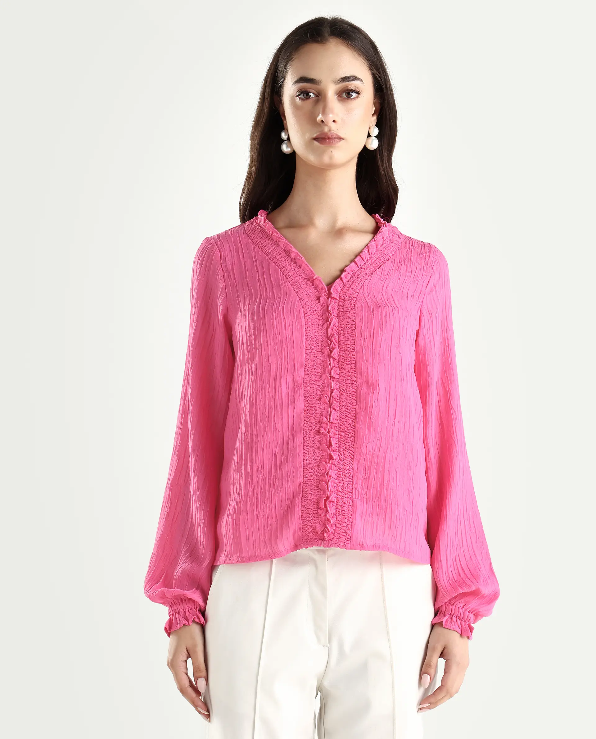 Rareism Women's Sombil Pink Polyester V-Neck Plain Bishop Sleeve Regular Fit Top - Image 2
