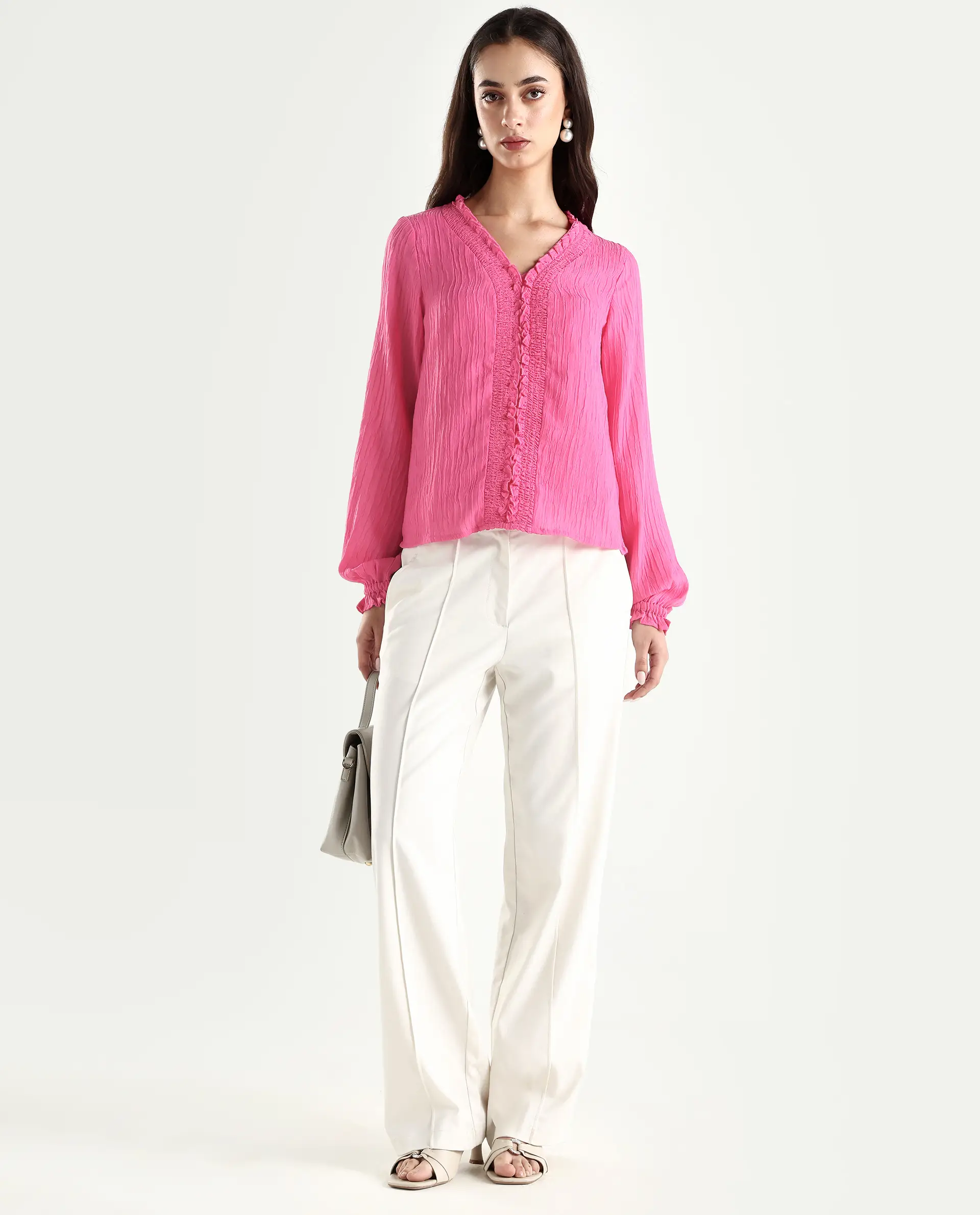 Rareism Women's Sombil Pink Polyester V-Neck Plain Bishop Sleeve Regular Fit Top - Image 3