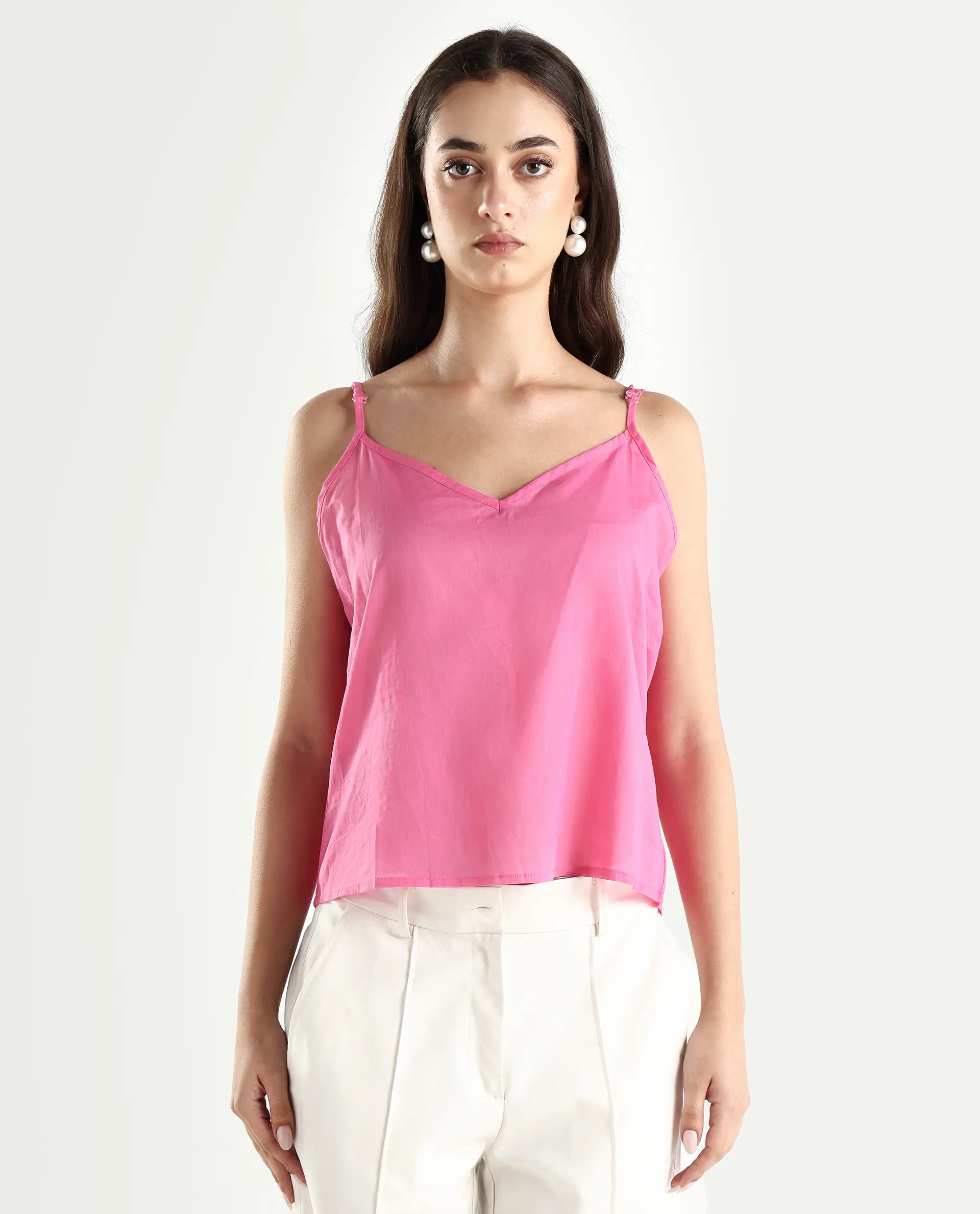 Rareism Women's Sombil Pink Polyester V-Neck Plain Bishop Sleeve Regular Fit Top - Image 4