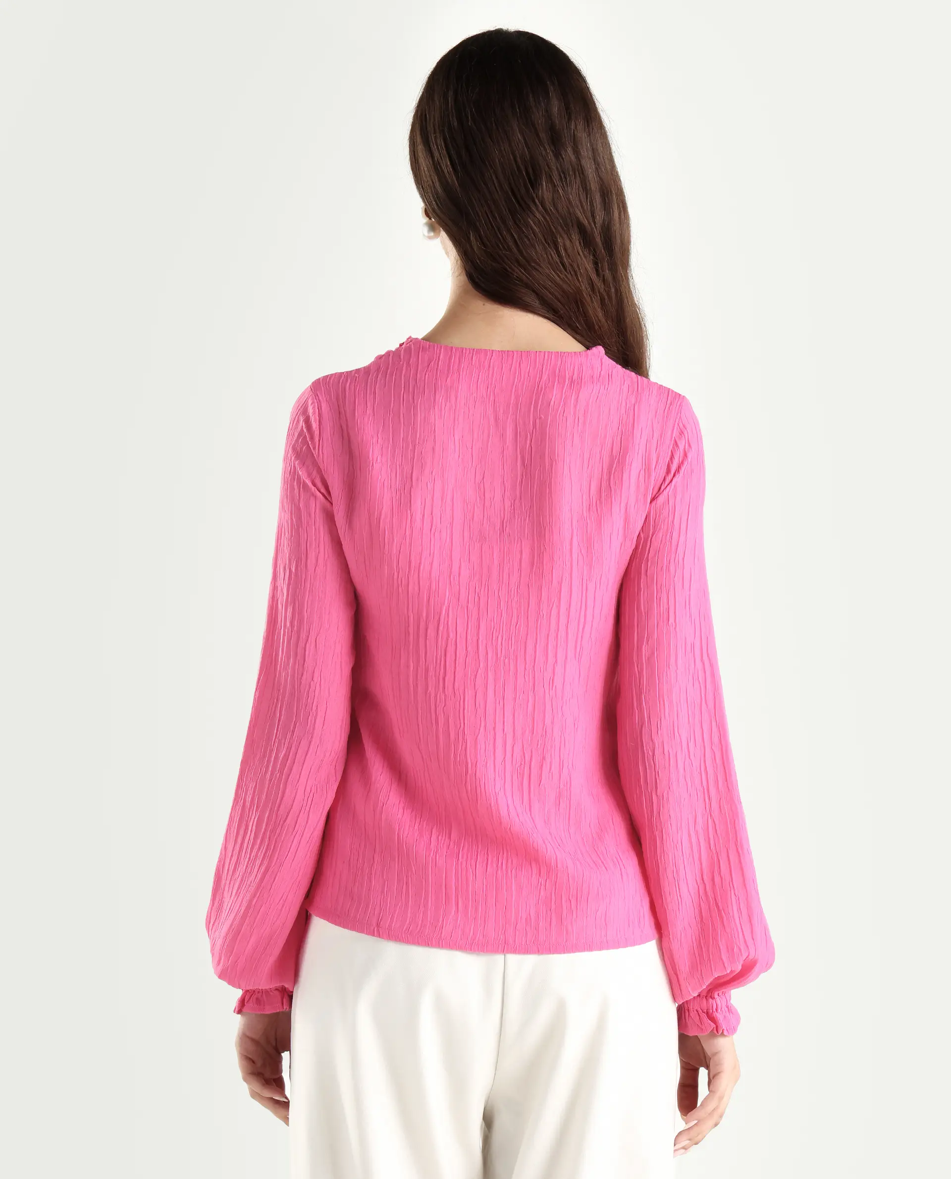Rareism Women's Sombil Pink Polyester V-Neck Plain Bishop Sleeve Regular Fit Top - Image 5