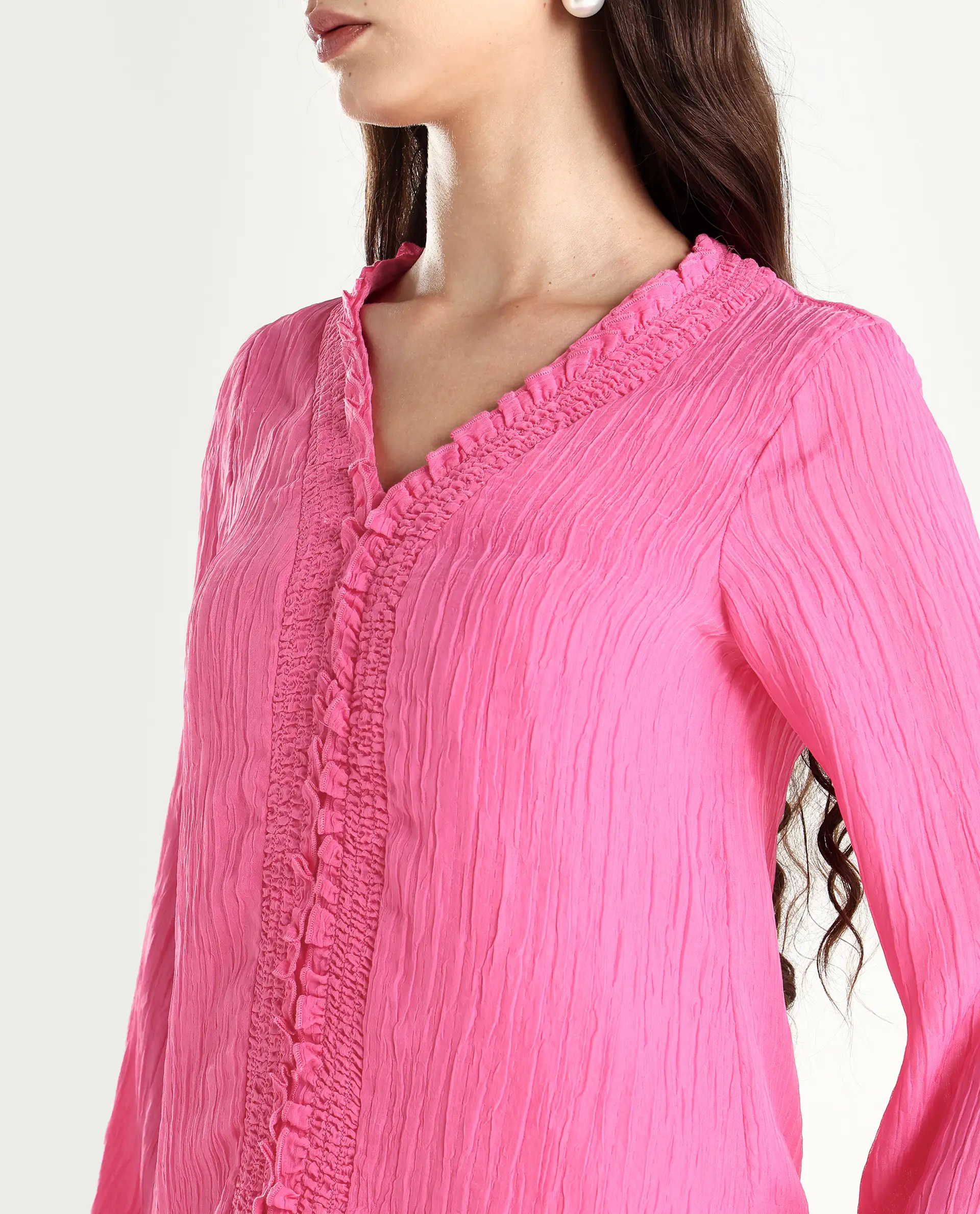 Rareism Women's Sombil Pink Polyester V-Neck Plain Bishop Sleeve Regular Fit Top - Image 6