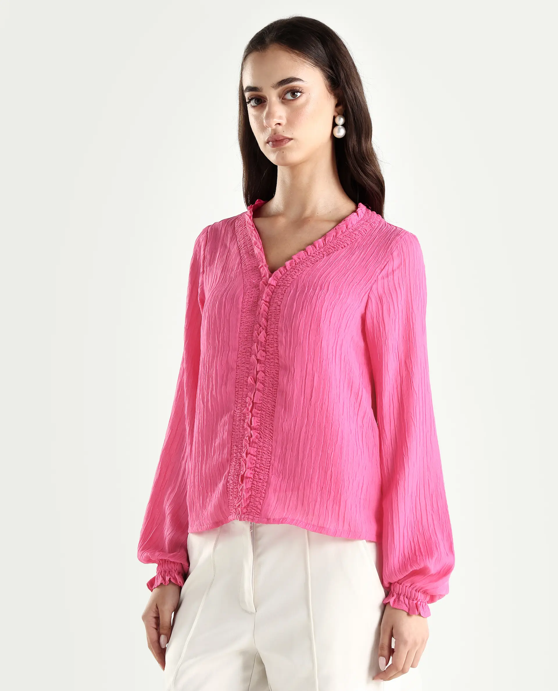 Rareism Women's Sombil Pink Polyester V-Neck Plain Bishop Sleeve Regular Fit Top - Image 7