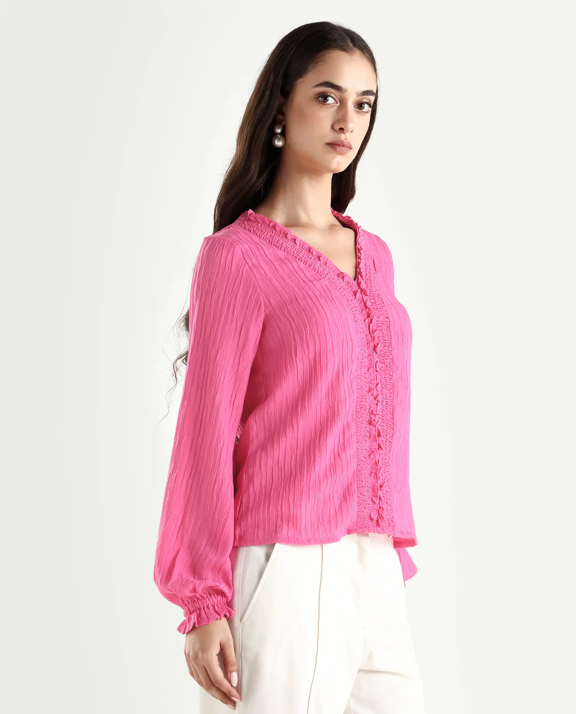 Rareism Women's Sombil Pink Polyester V-Neck Plain Bishop Sleeve Regular Fit Top - Image 8