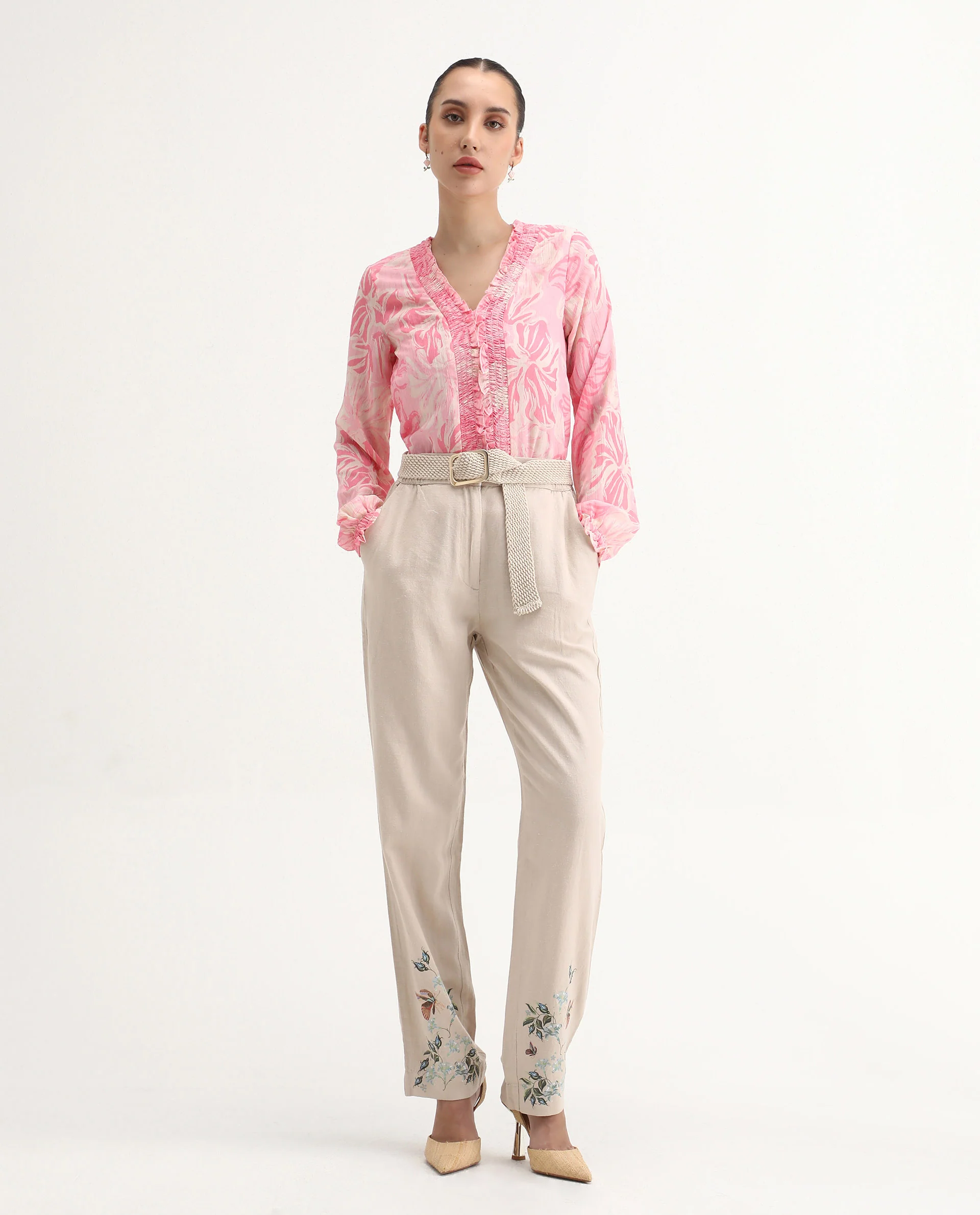 Rareism Women's Sombo Pink Polyester V-Neck Floral Print Bishop Sleeve Regular Fit Top - Image 2