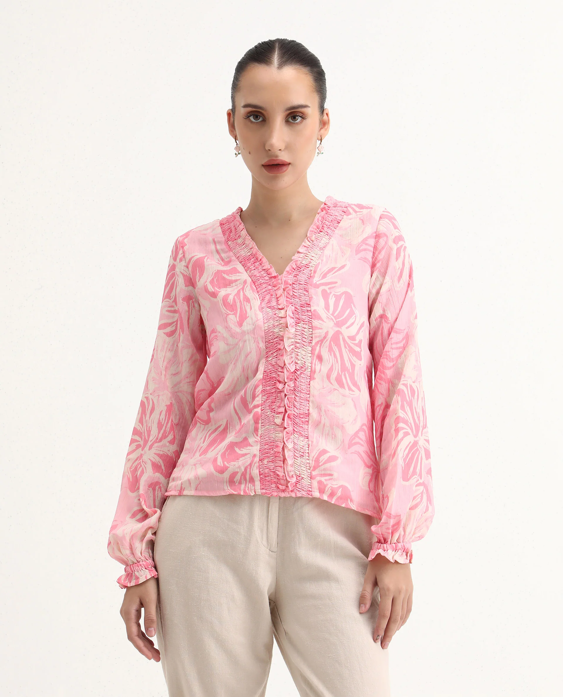 Rareism Women's Sombo Pink Polyester V-Neck Floral Print Bishop Sleeve Regular Fit Top - Image 3