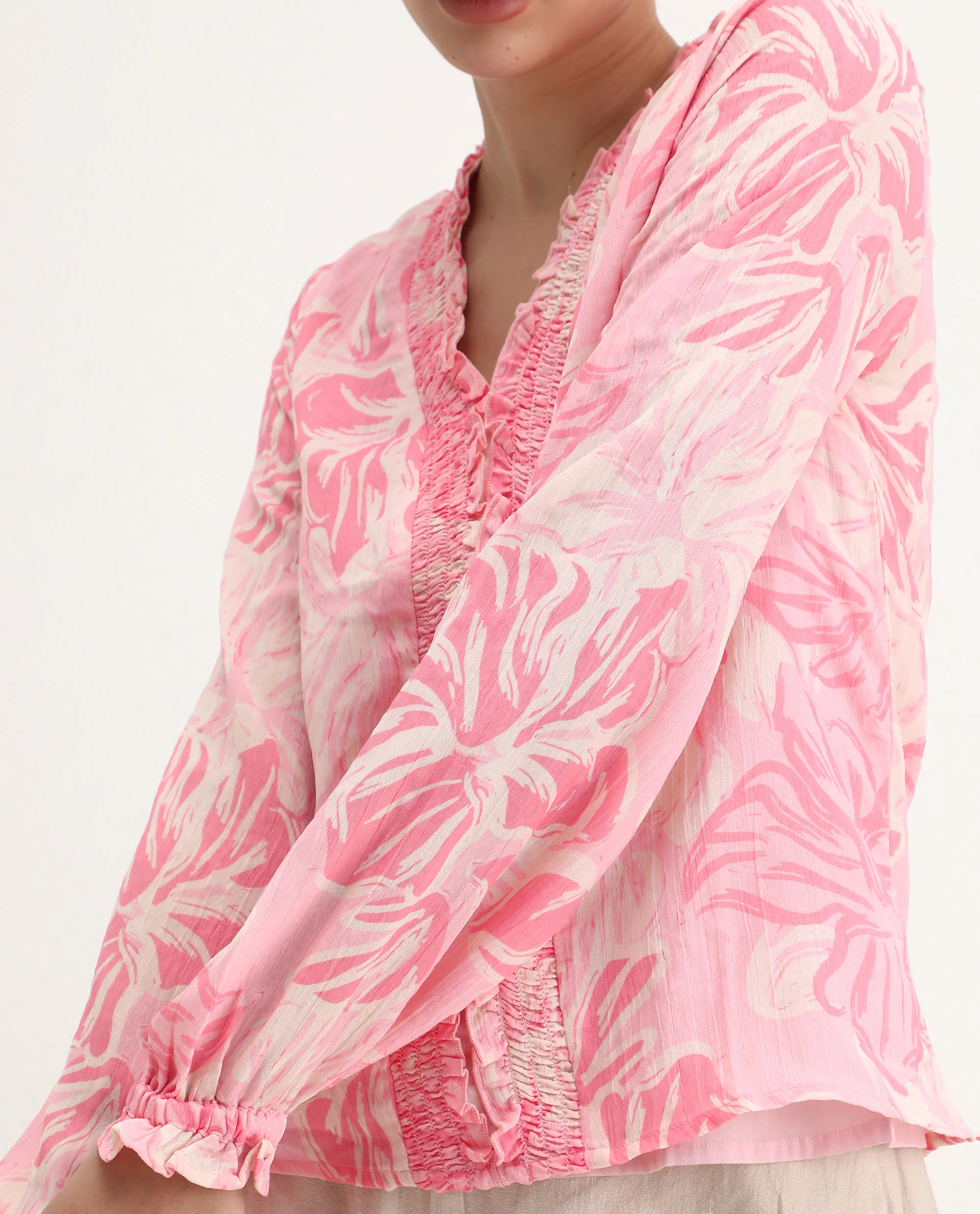 Rareism Women's Sombo Pink Polyester V-Neck Floral Print Bishop Sleeve Regular Fit Top - Image 6