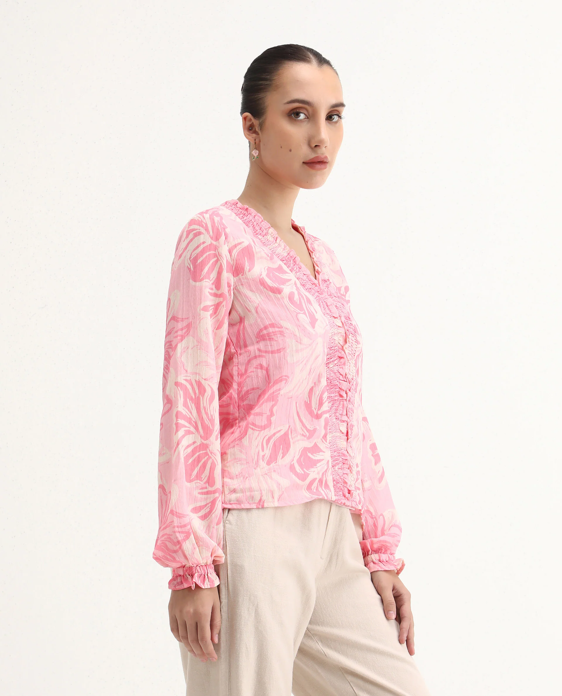 Rareism Women's Sombo Pink Polyester V-Neck Floral Print Bishop Sleeve Regular Fit Top - Image 8