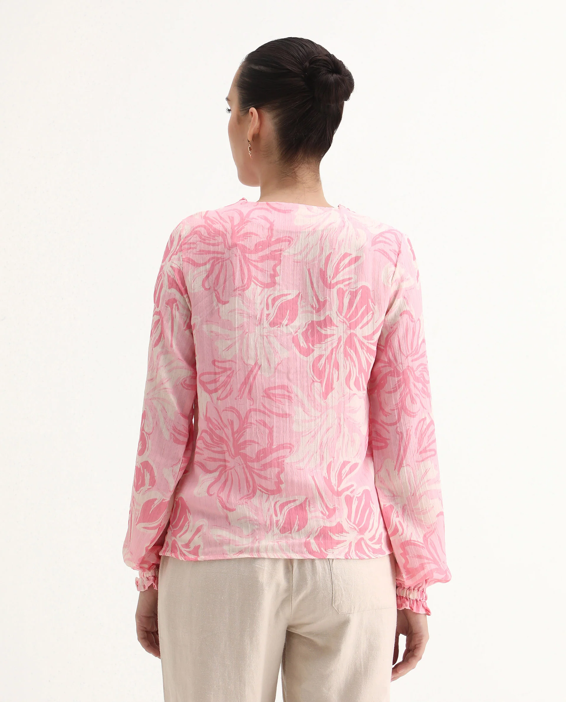 Rareism Women's Sombo Pink Polyester V-Neck Floral Print Bishop Sleeve Regular Fit Top - Image 9