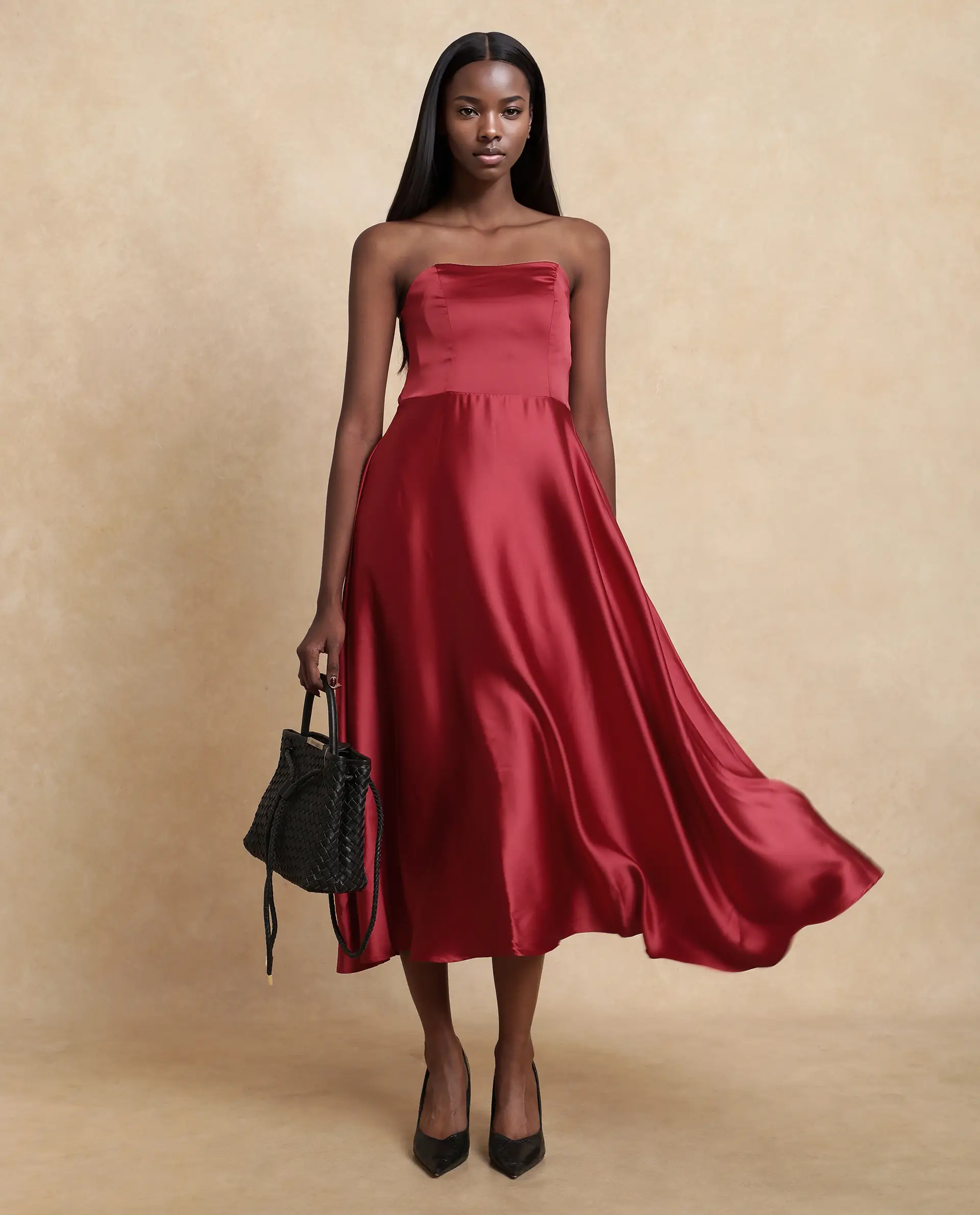 Rareism Women's Somfar Red Polyester Sweetheart Neck Plain Sleeveless Midi Flared Dress - Image 2