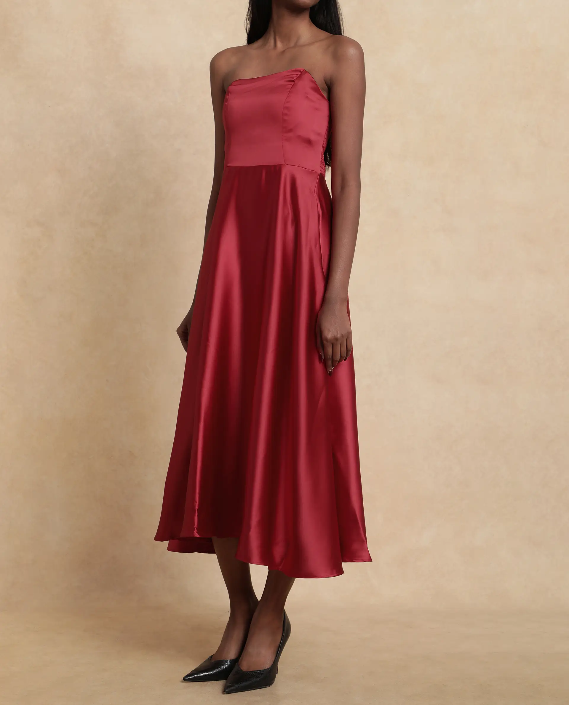 Rareism Women's Somfar Red Polyester Sweetheart Neck Plain Sleeveless Midi Flared Dress - Image 3