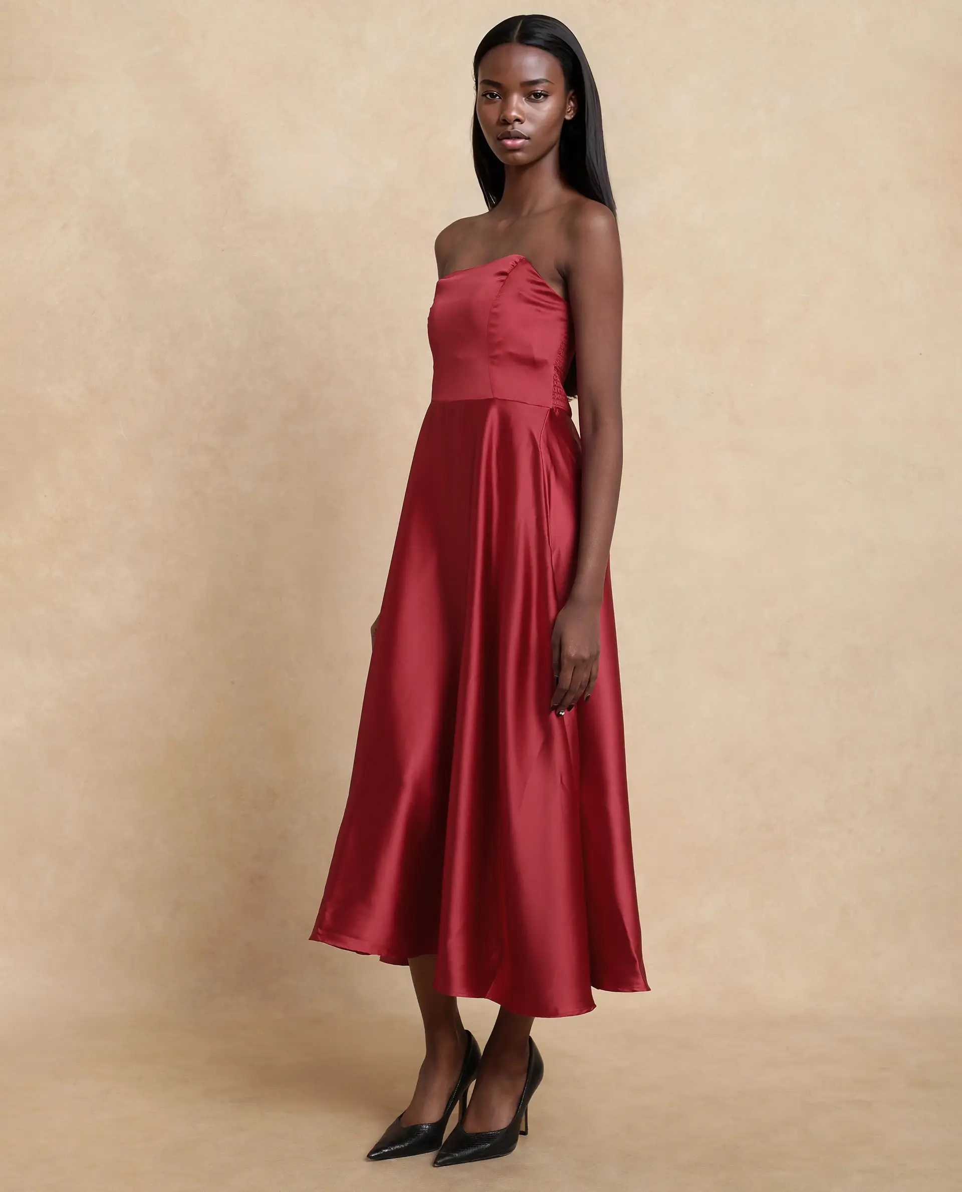 Rareism Women's Somfar Red Polyester Sweetheart Neck Plain Sleeveless Midi Flared Dress - Image 6