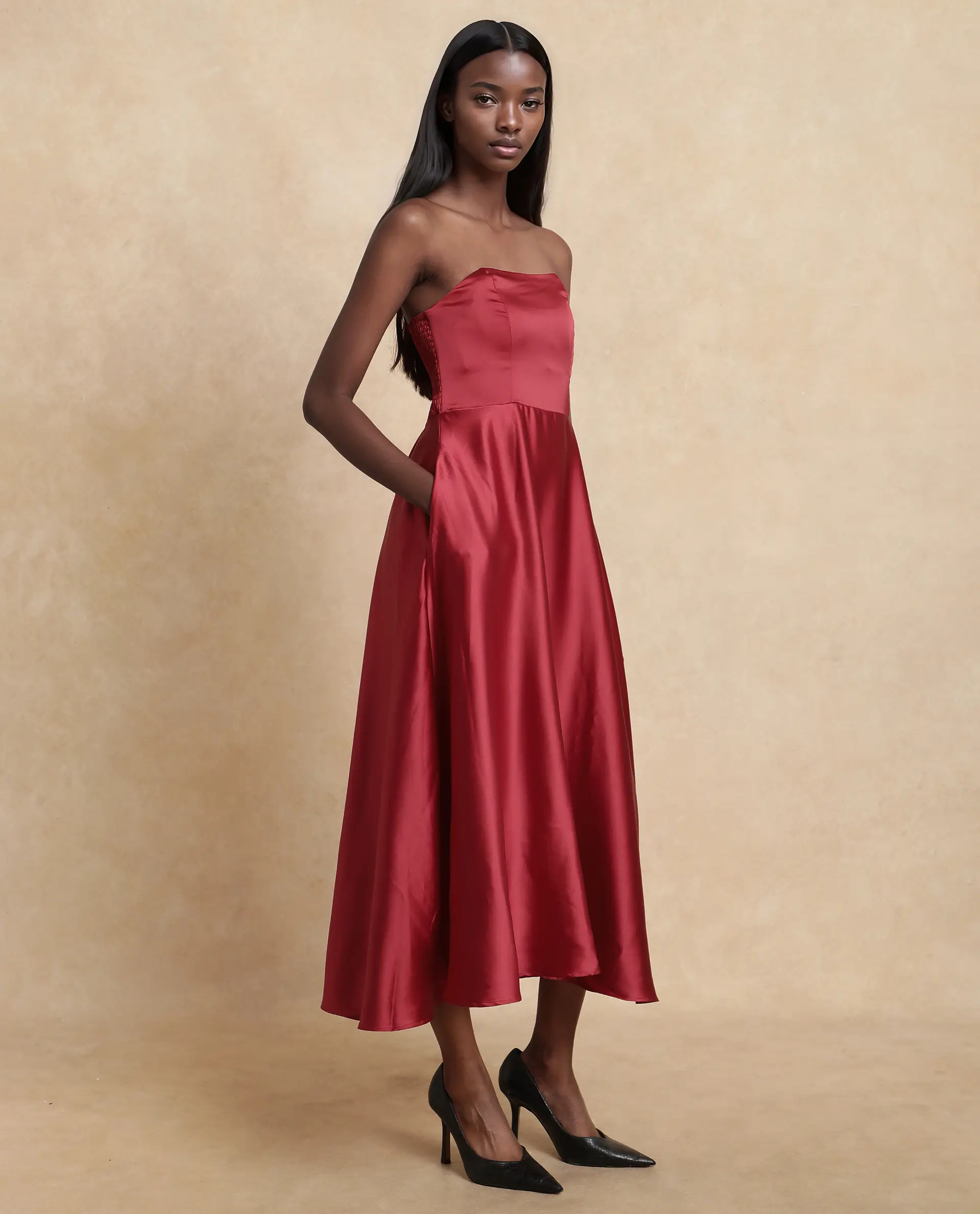 Rareism Women's Somfar Red Polyester Sweetheart Neck Plain Sleeveless Midi Flared Dress - Image 7