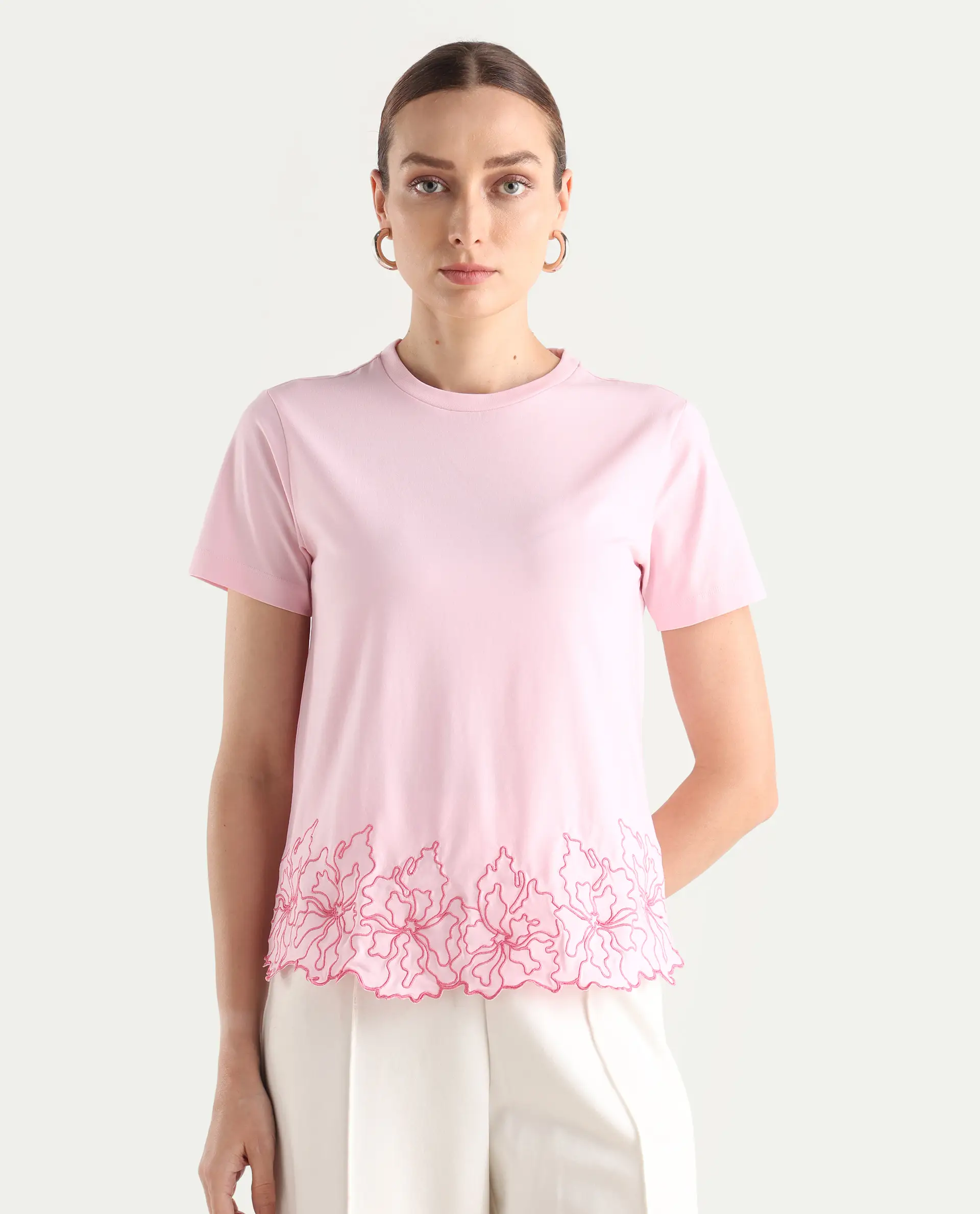 Rareism Women's Somfix Light Pink Cotton Blend Crew Neck Plain Regular Fit T-Shirt