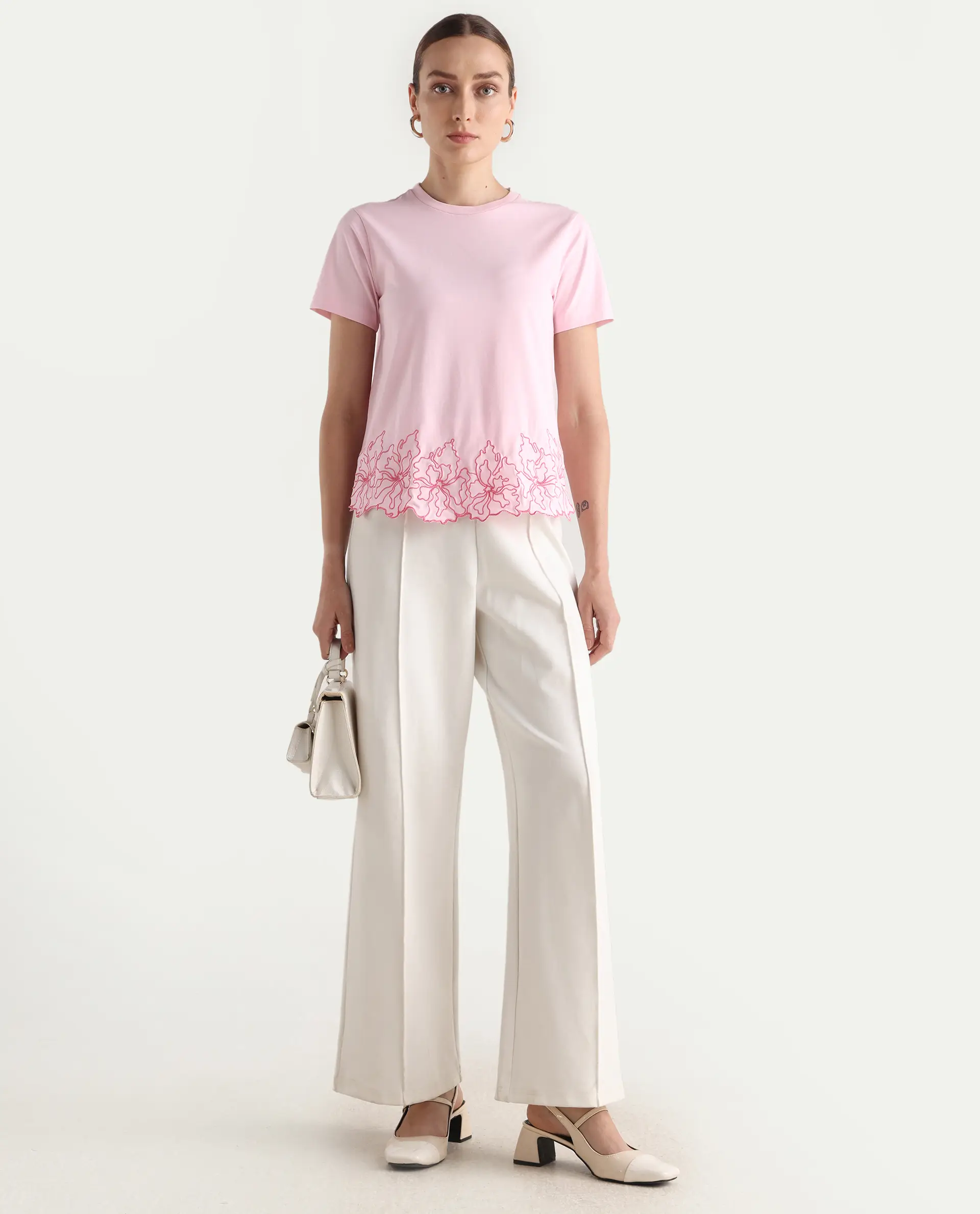 Rareism Women's Somfix Light Pink Cotton Blend Crew Neck Plain Regular Fit T-Shirt - Image 2