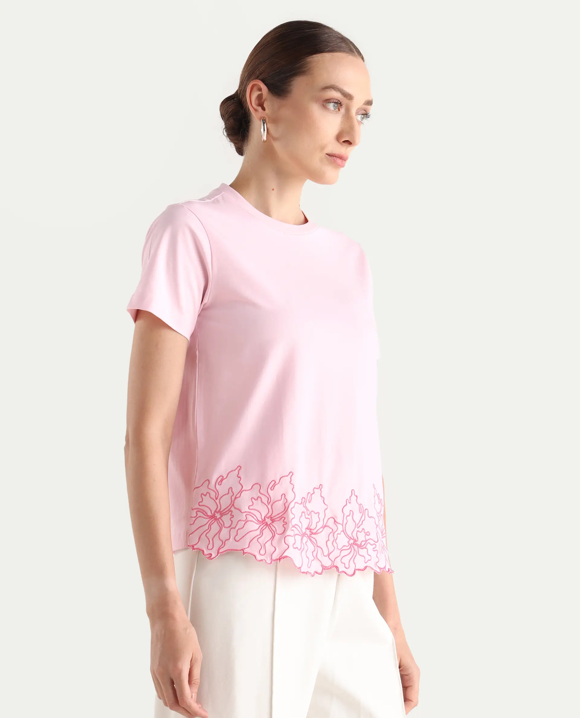 Rareism Women's Somfix Light Pink Cotton Blend Crew Neck Plain Regular Fit T-Shirt - Image 4