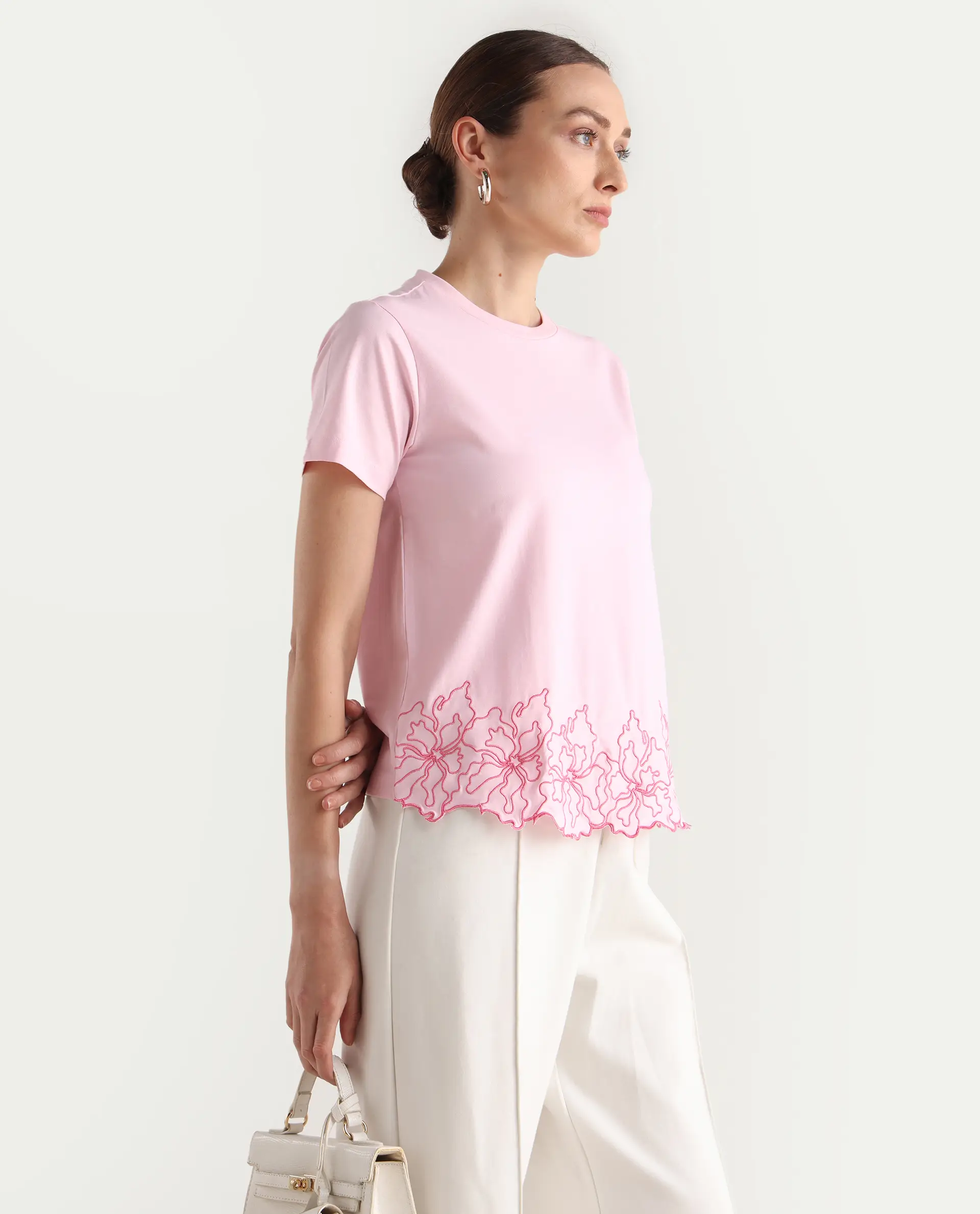 Rareism Women's Somfix Light Pink Cotton Blend Crew Neck Plain Regular Fit T-Shirt - Image 5