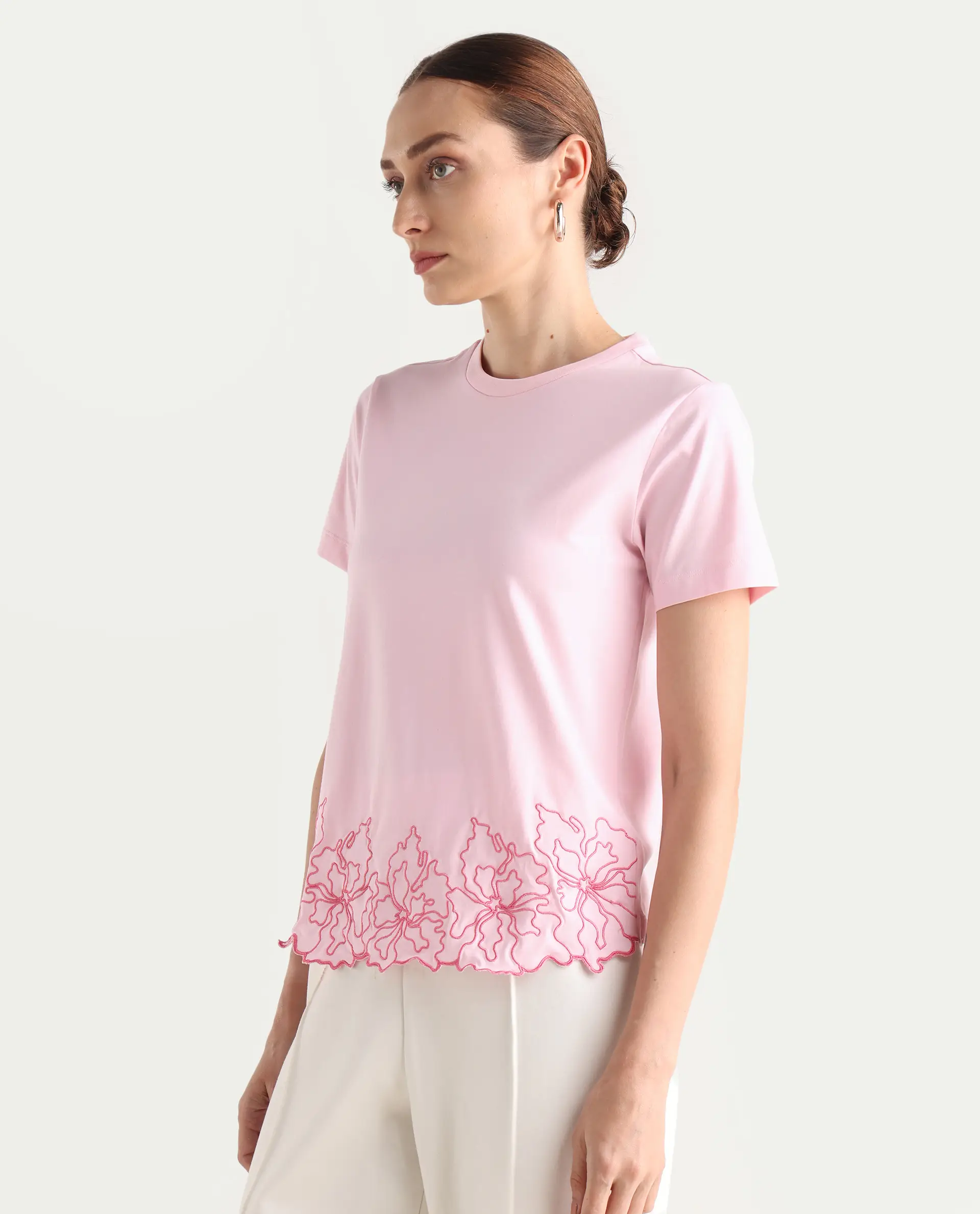 Rareism Women's Somfix Light Pink Cotton Blend Crew Neck Plain Regular Fit T-Shirt - Image 6