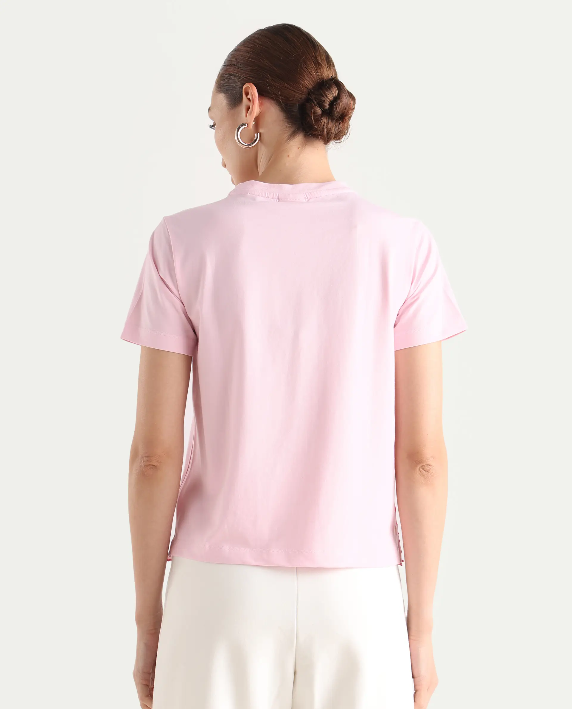 Rareism Women's Somfix Light Pink Cotton Blend Crew Neck Plain Regular Fit T-Shirt - Image 7