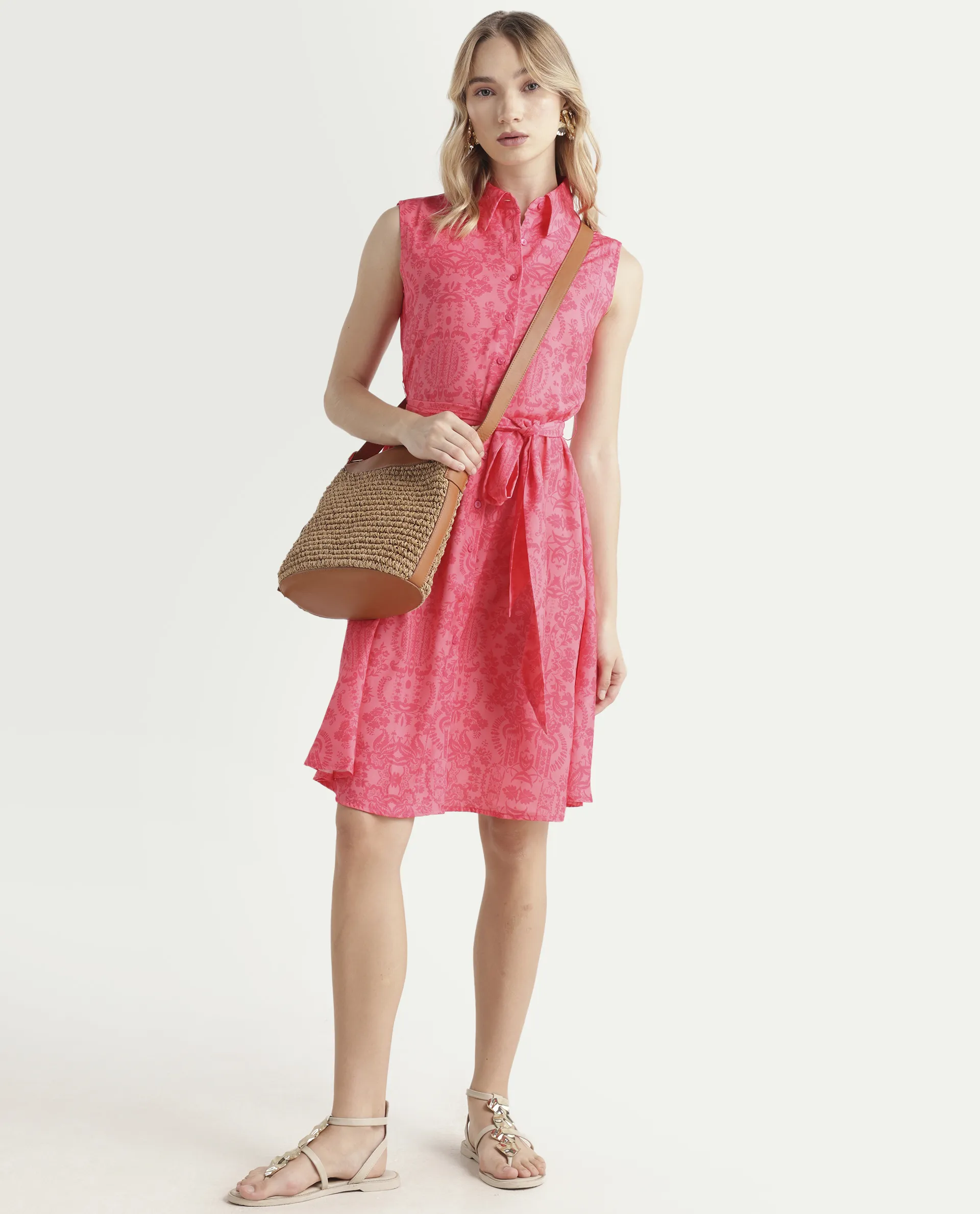 Rareism Women's Somfril Pink Polyester Spread Collar Abstract Print Sleeveless Knee Length A-Line Dress - Image 2
