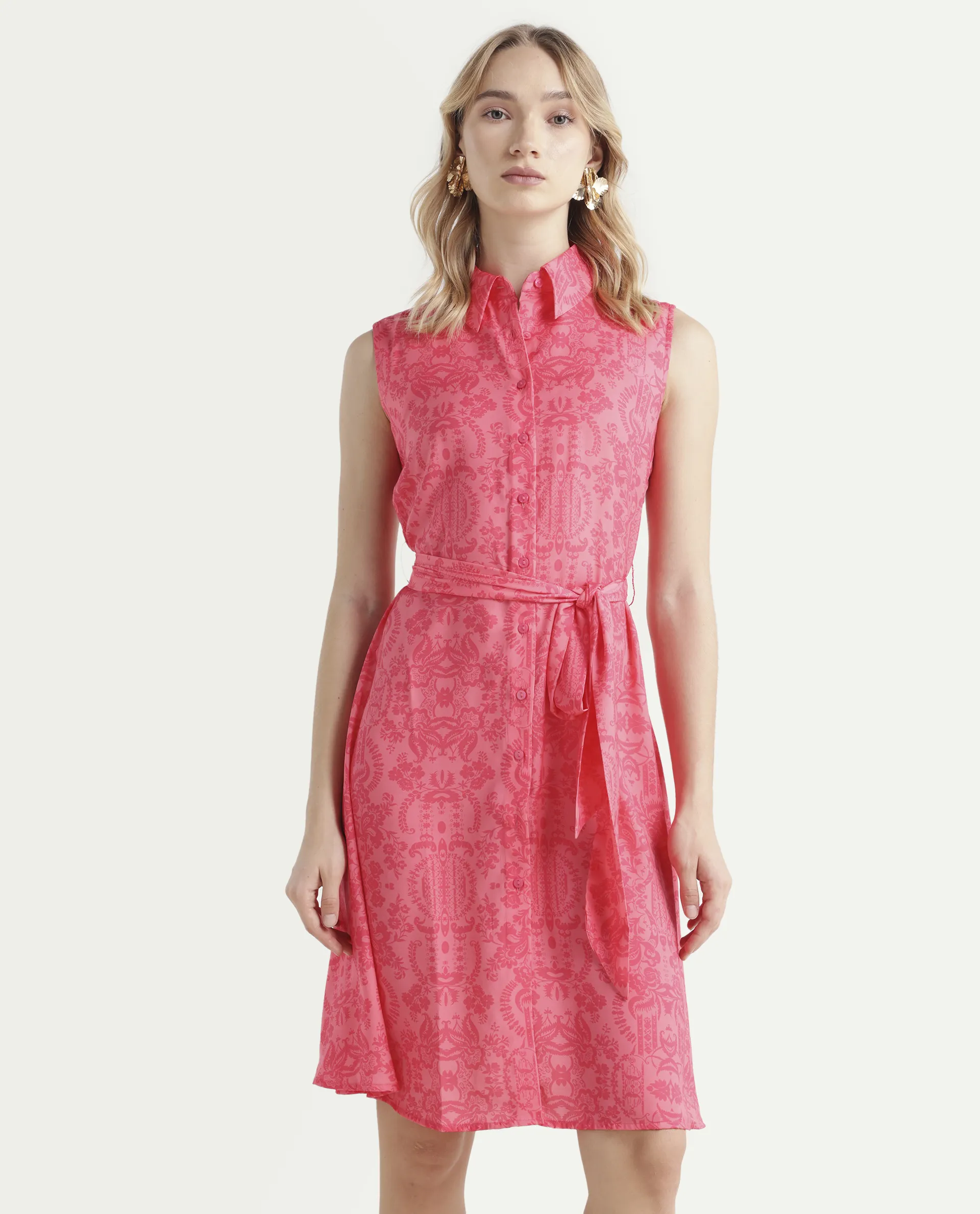 Rareism Women's Somfril Pink Polyester Spread Collar Abstract Print Sleeveless Knee Length A-Line Dress - Image 3