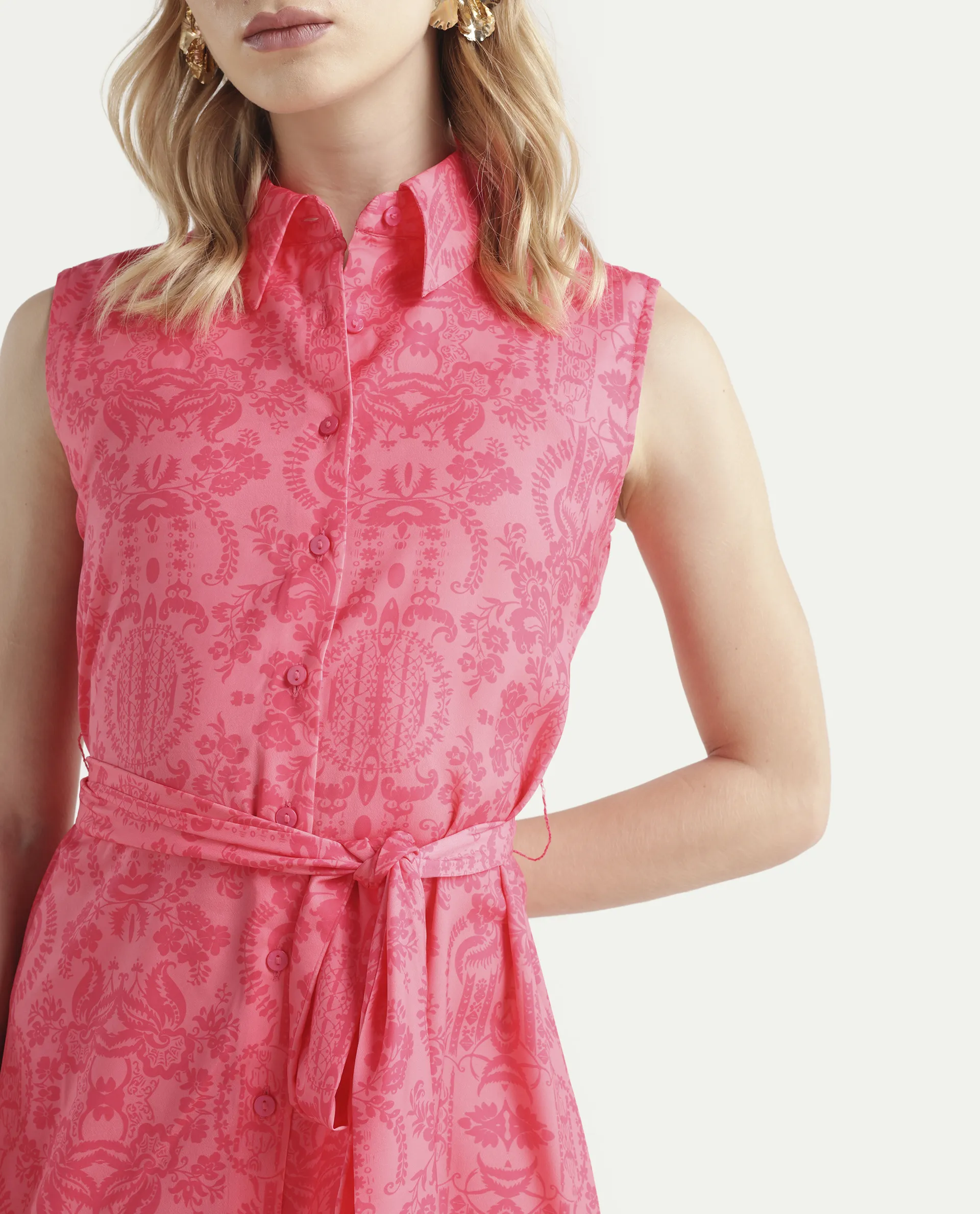 Rareism Women's Somfril Pink Polyester Spread Collar Abstract Print Sleeveless Knee Length A-Line Dress - Image 4