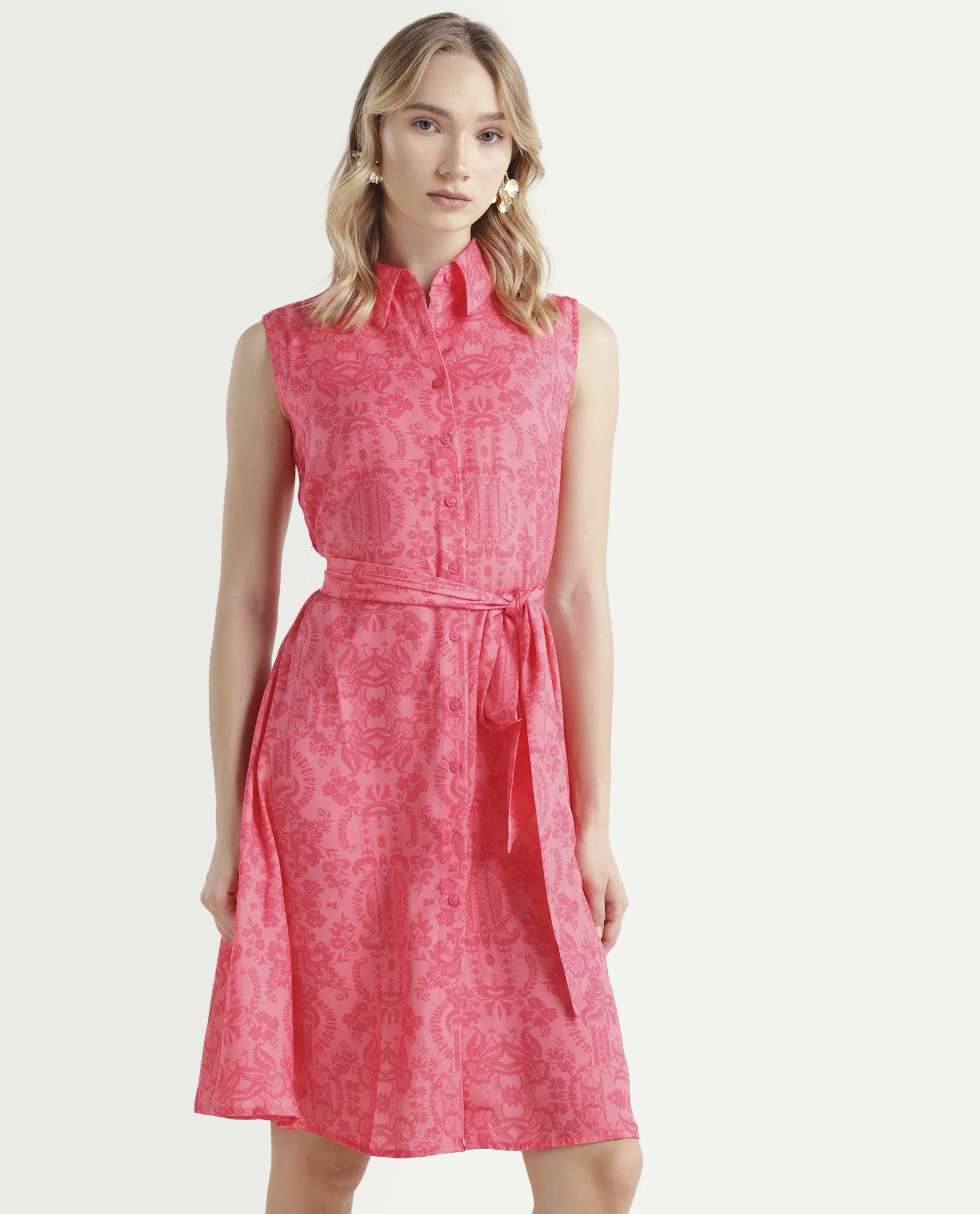 Rareism Women's Somfril Pink Polyester Spread Collar Abstract Print Sleeveless Knee Length A-Line Dress - Image 5
