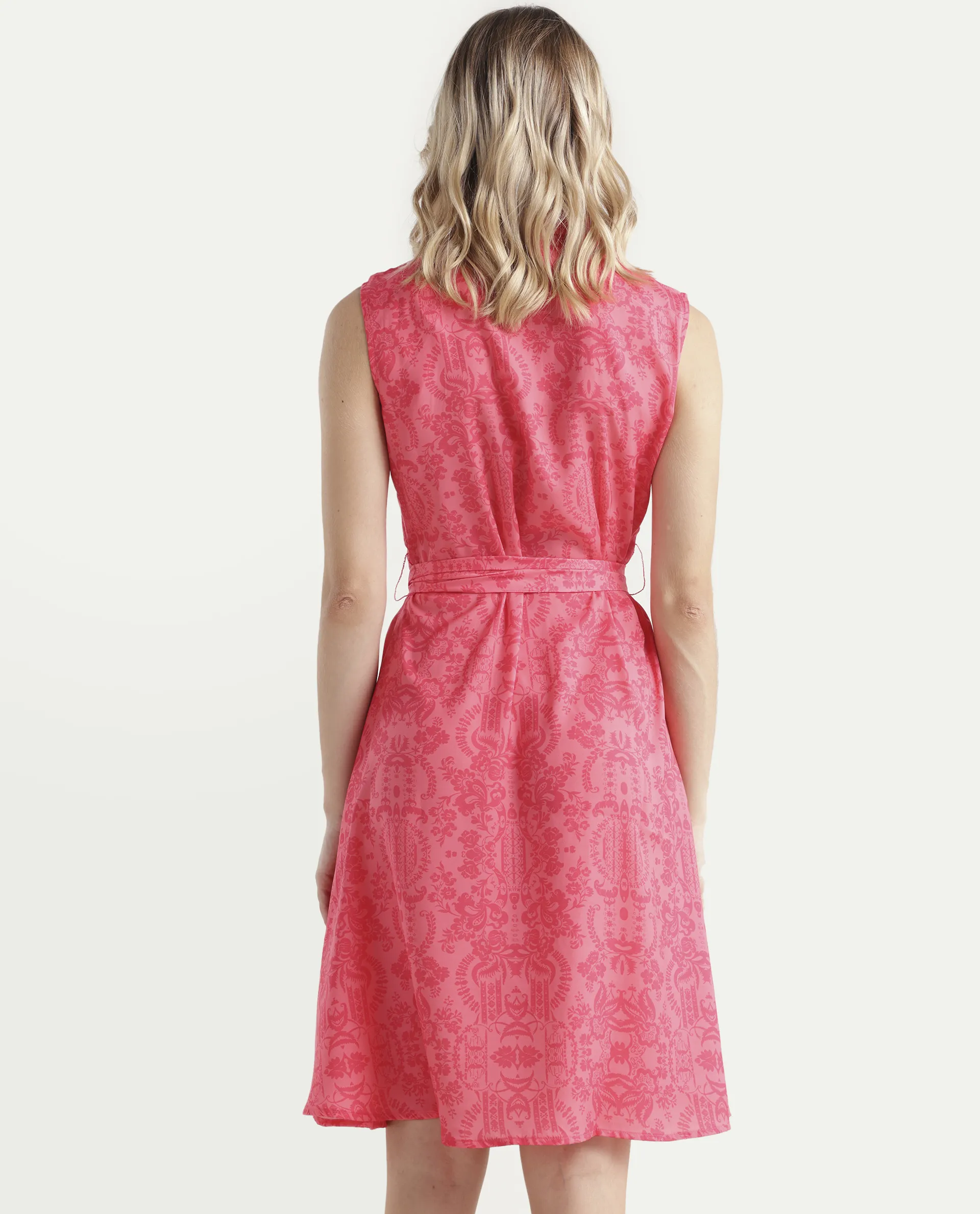 Rareism Women's Somfril Pink Polyester Spread Collar Abstract Print Sleeveless Knee Length A-Line Dress - Image 6