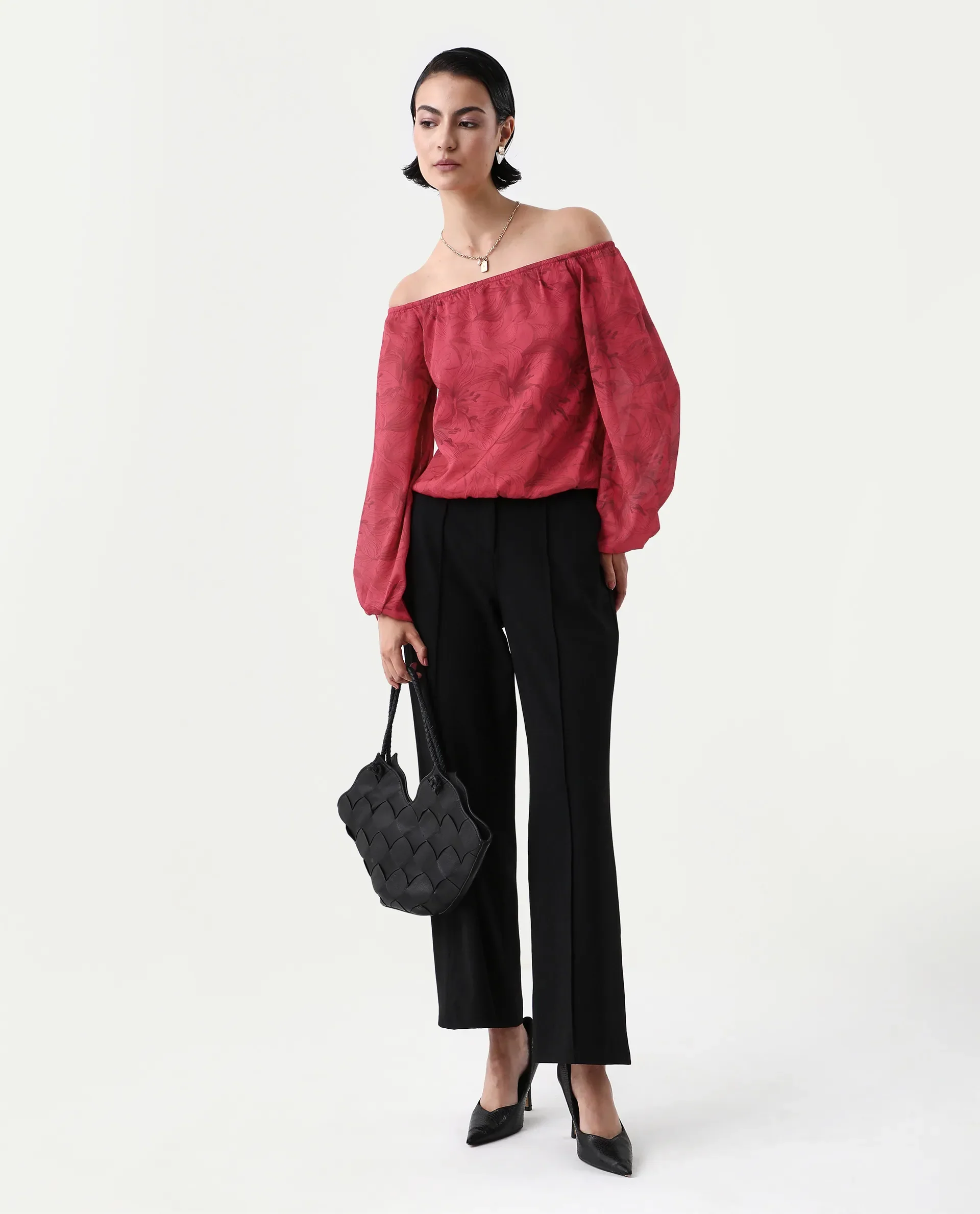 Rareism Women's Somgam Dark Red Polyester Off Shoulder Floral Print Bishop Sleeve Regular Fit Top - Image 2
