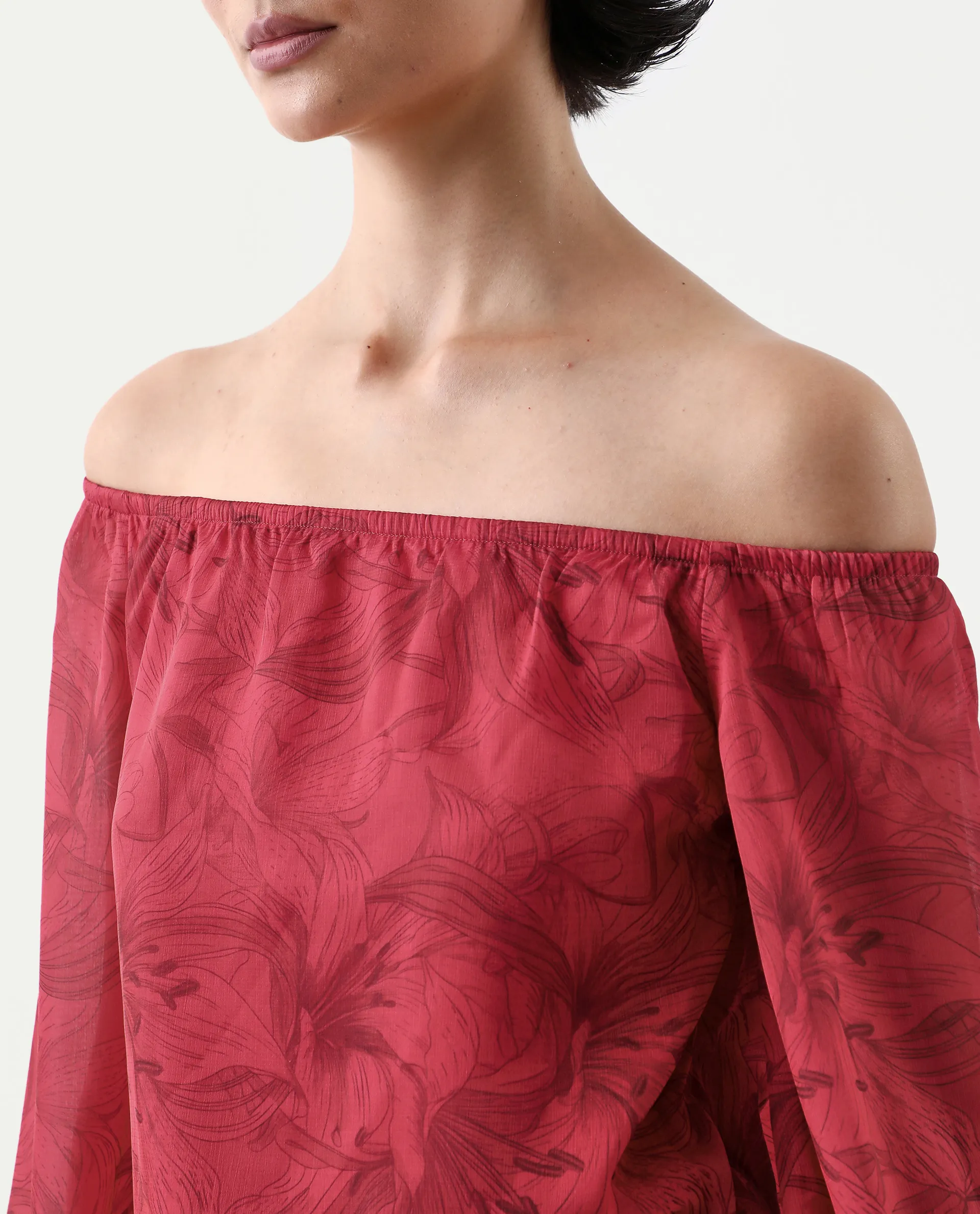 Rareism Women's Somgam Dark Red Polyester Off Shoulder Floral Print Bishop Sleeve Regular Fit Top - Image 3