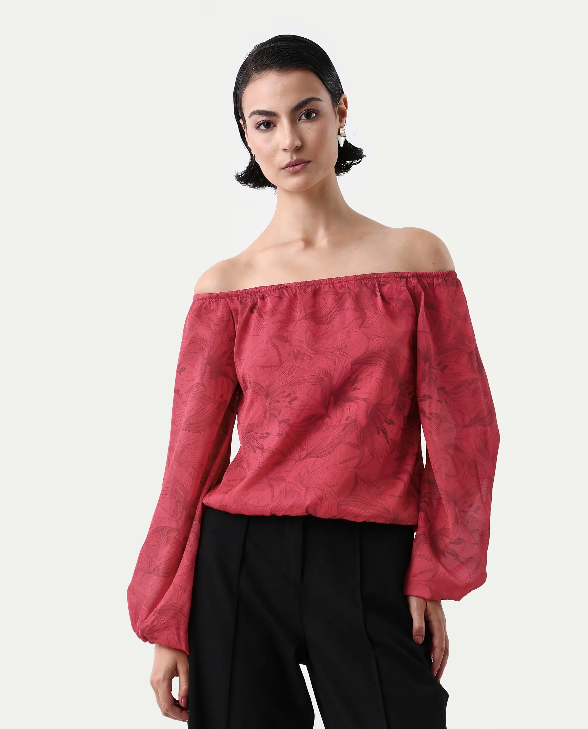 Rareism Women's Somgam Dark Red Polyester Off Shoulder Floral Print Bishop Sleeve Regular Fit Top - Image 4