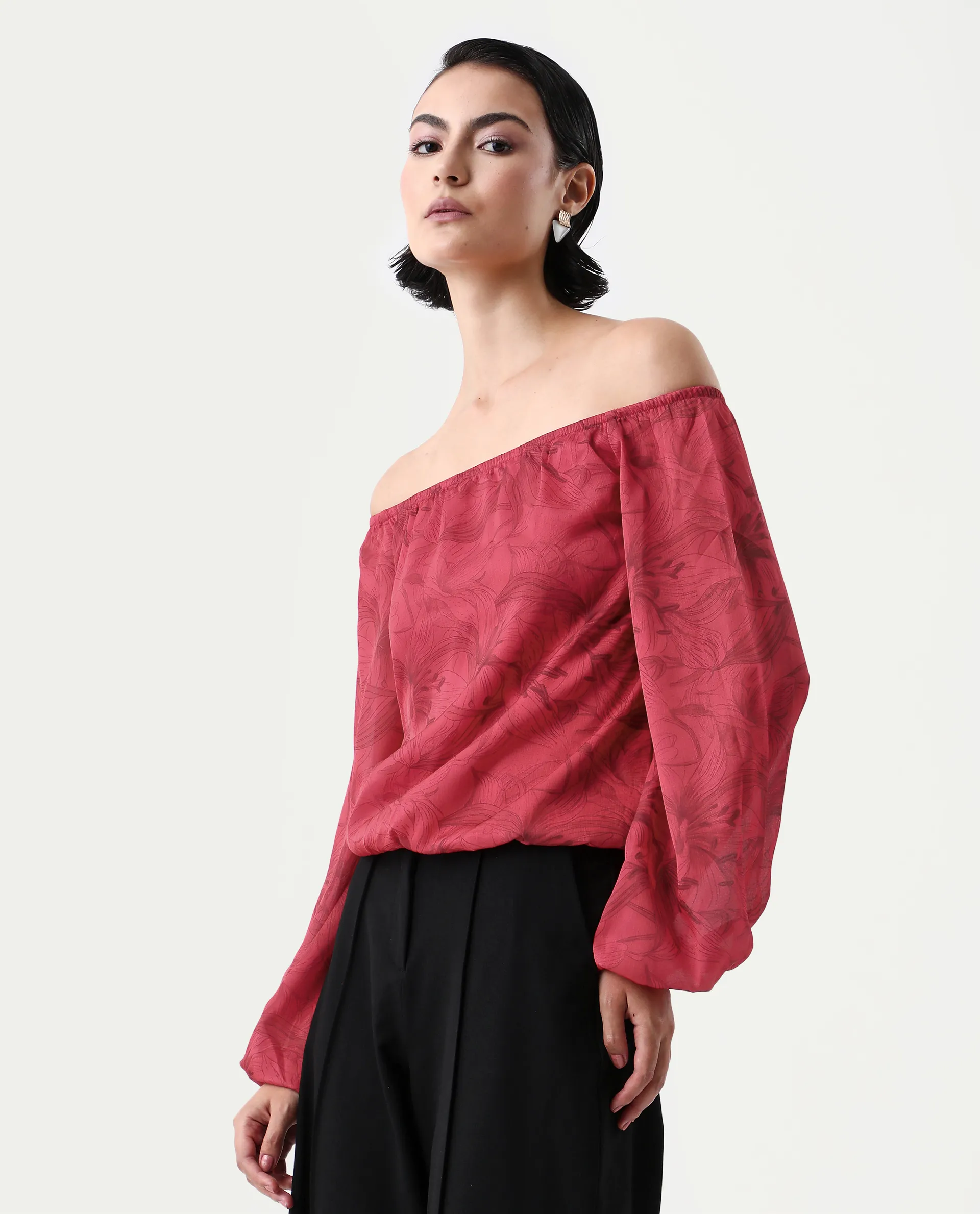 Rareism Women's Somgam Dark Red Polyester Off Shoulder Floral Print Bishop Sleeve Regular Fit Top - Image 5